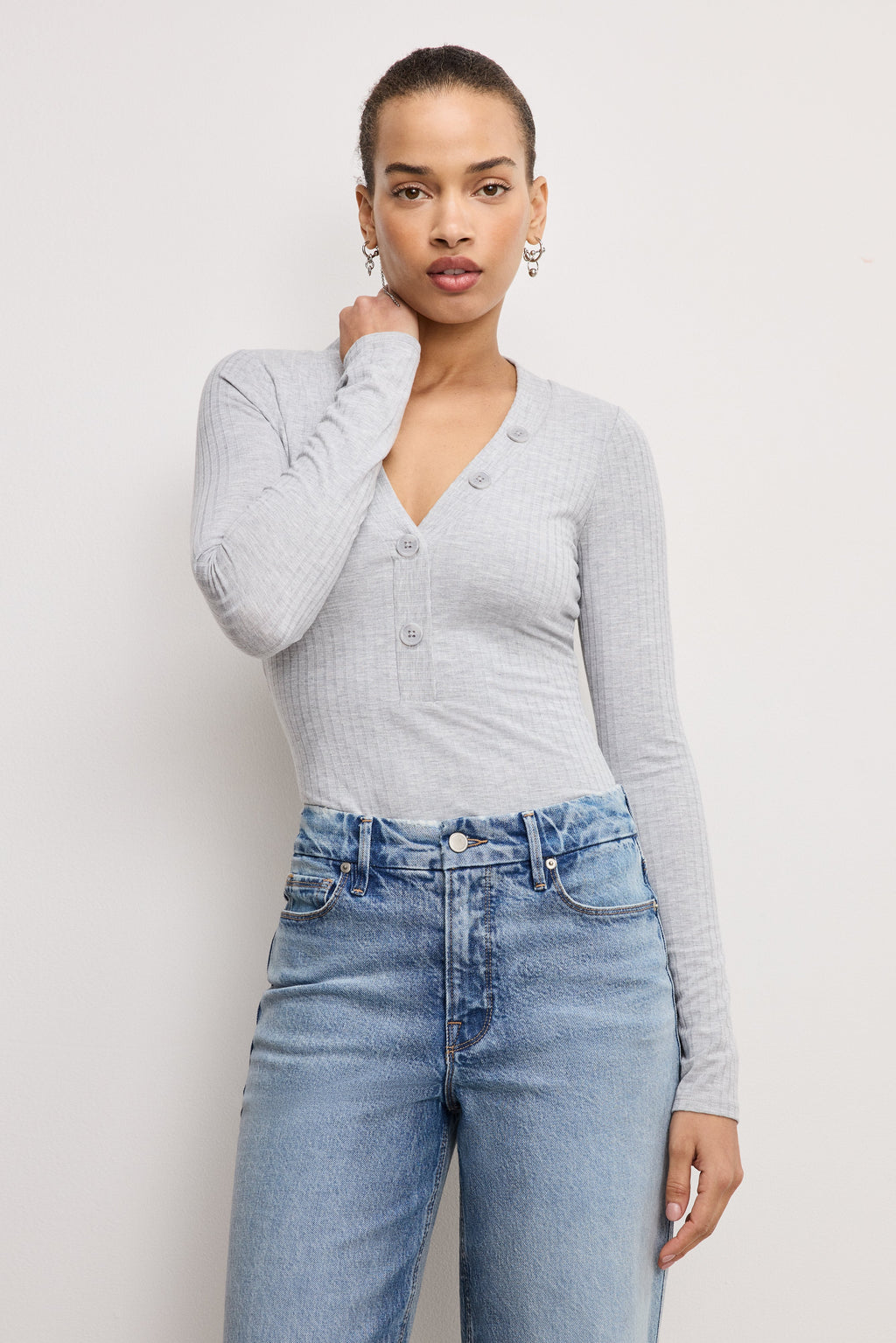 Premium RIBBED HENLEY BODYSUIT HEATHER GREY001