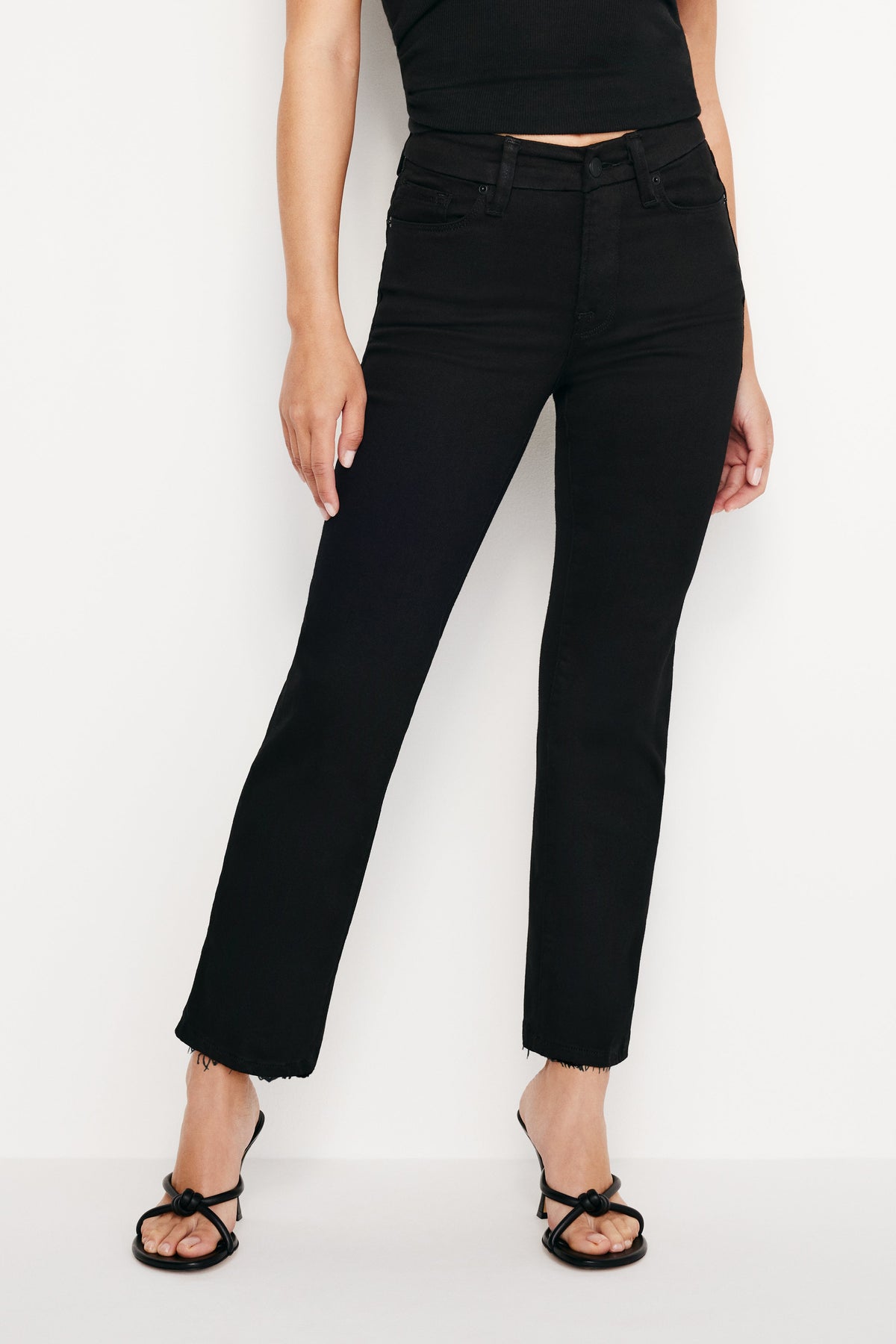 Premium NEVER FADE GOOD PETITE STRAIGHT RAW HEM JEANS BLACK