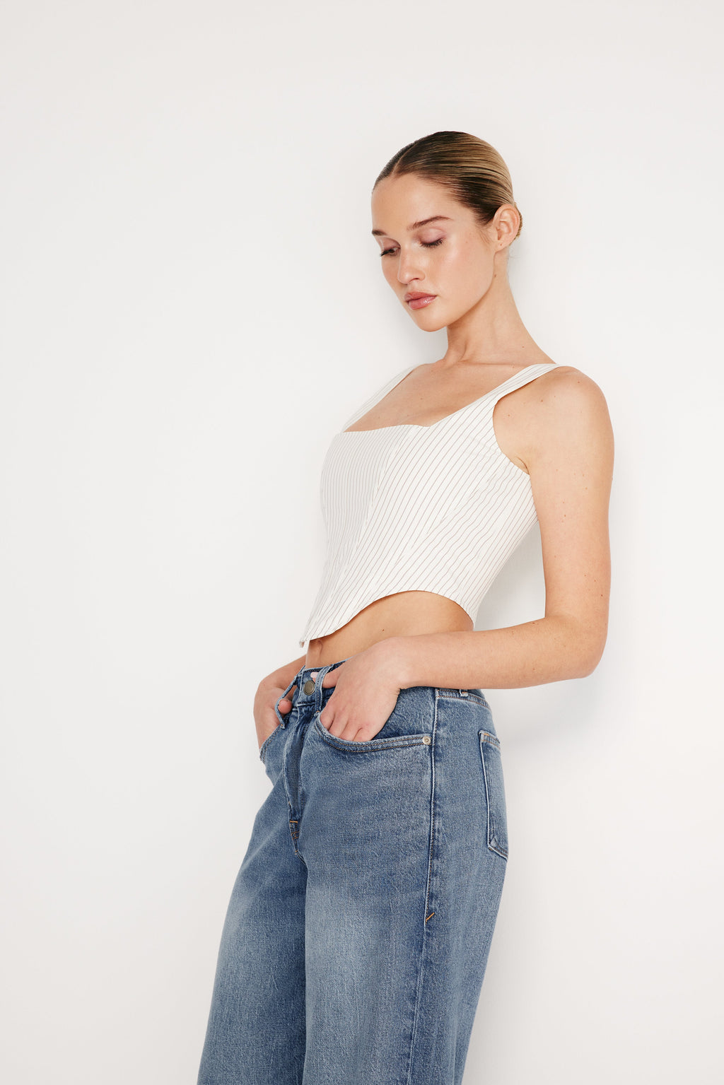 Premium POPLIN CORSET TOP PUTTY PENCIL STRIPE003
