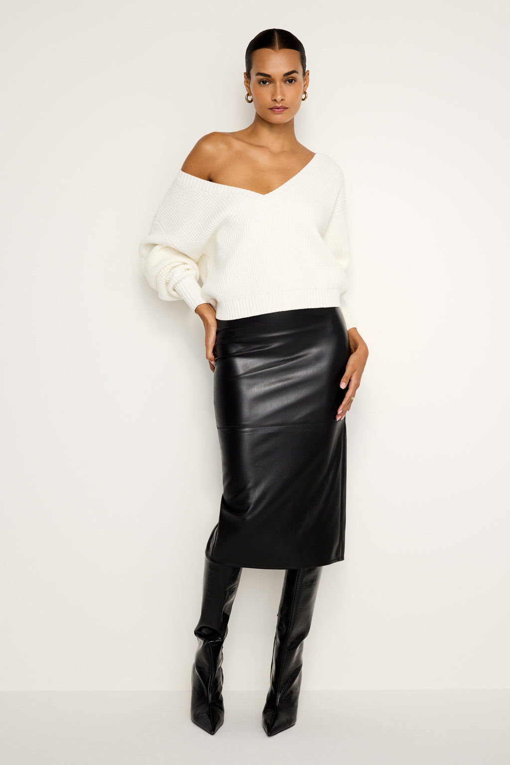 Premium FAUX LEATHER MIDI SKIRT BLACK001