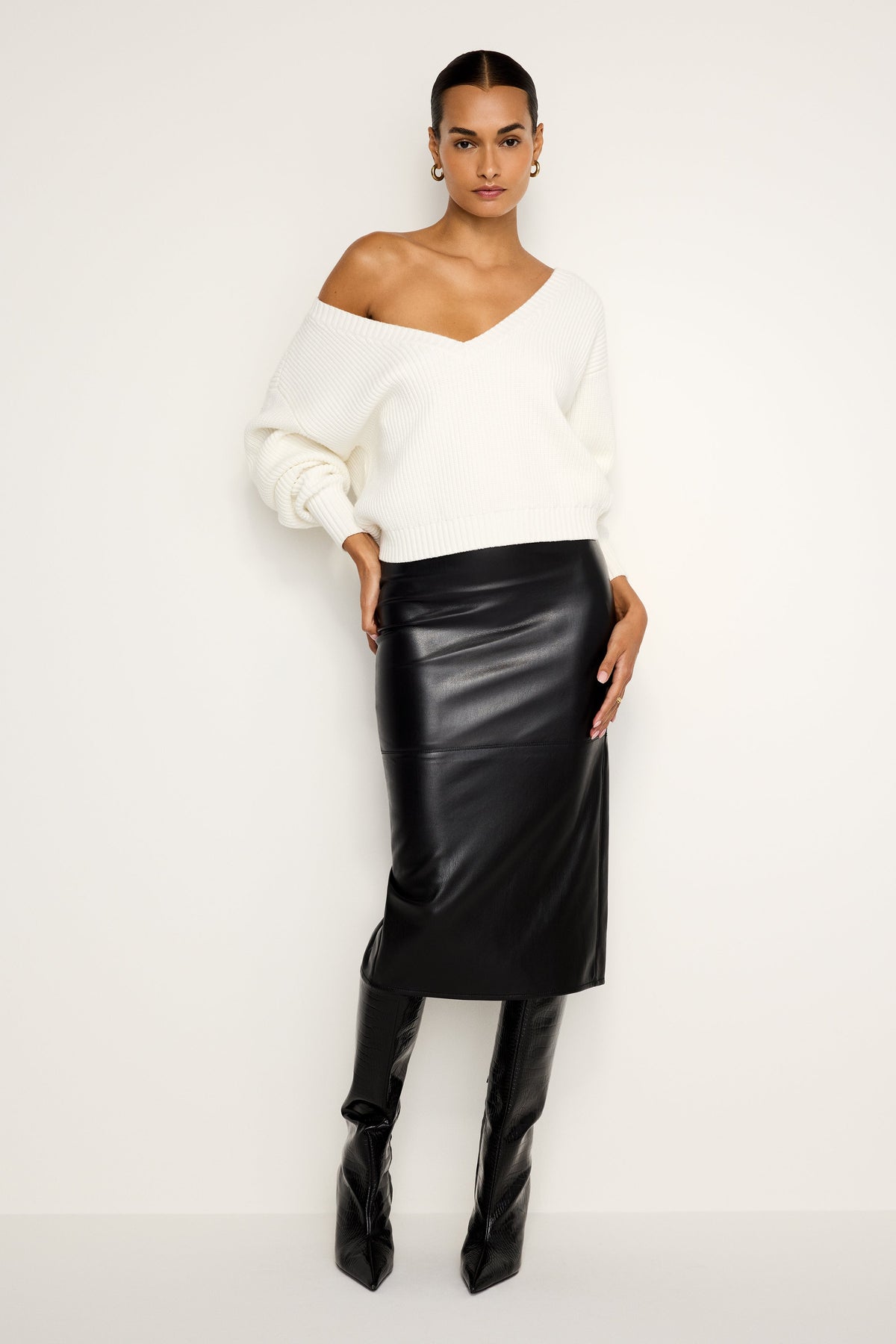 Premium FAUX LEATHER MIDI SKIRT BLACK001