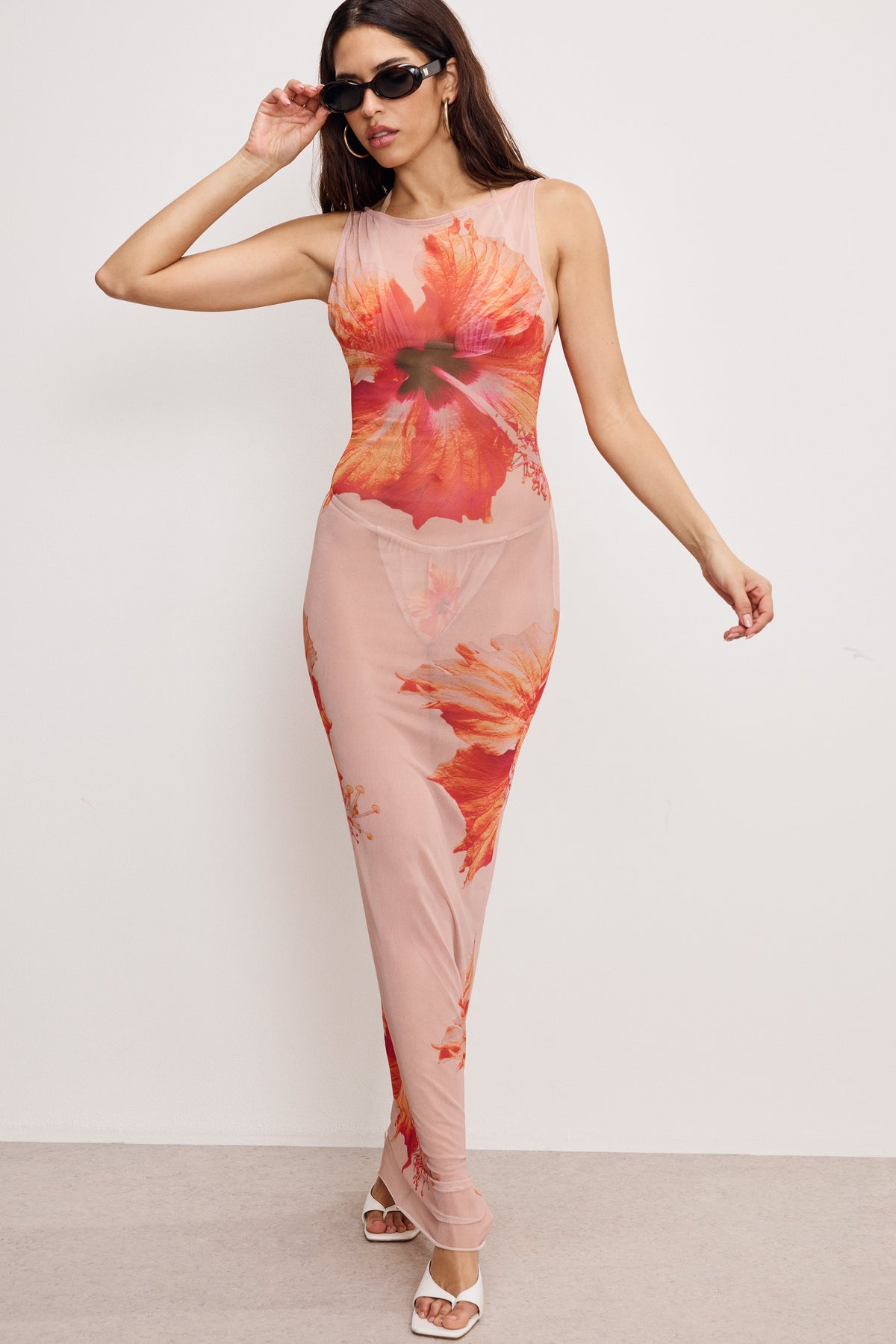 Premium GAUZE MESH MAXI DRESS MAUVE TROPICAL HIBISCUS001
