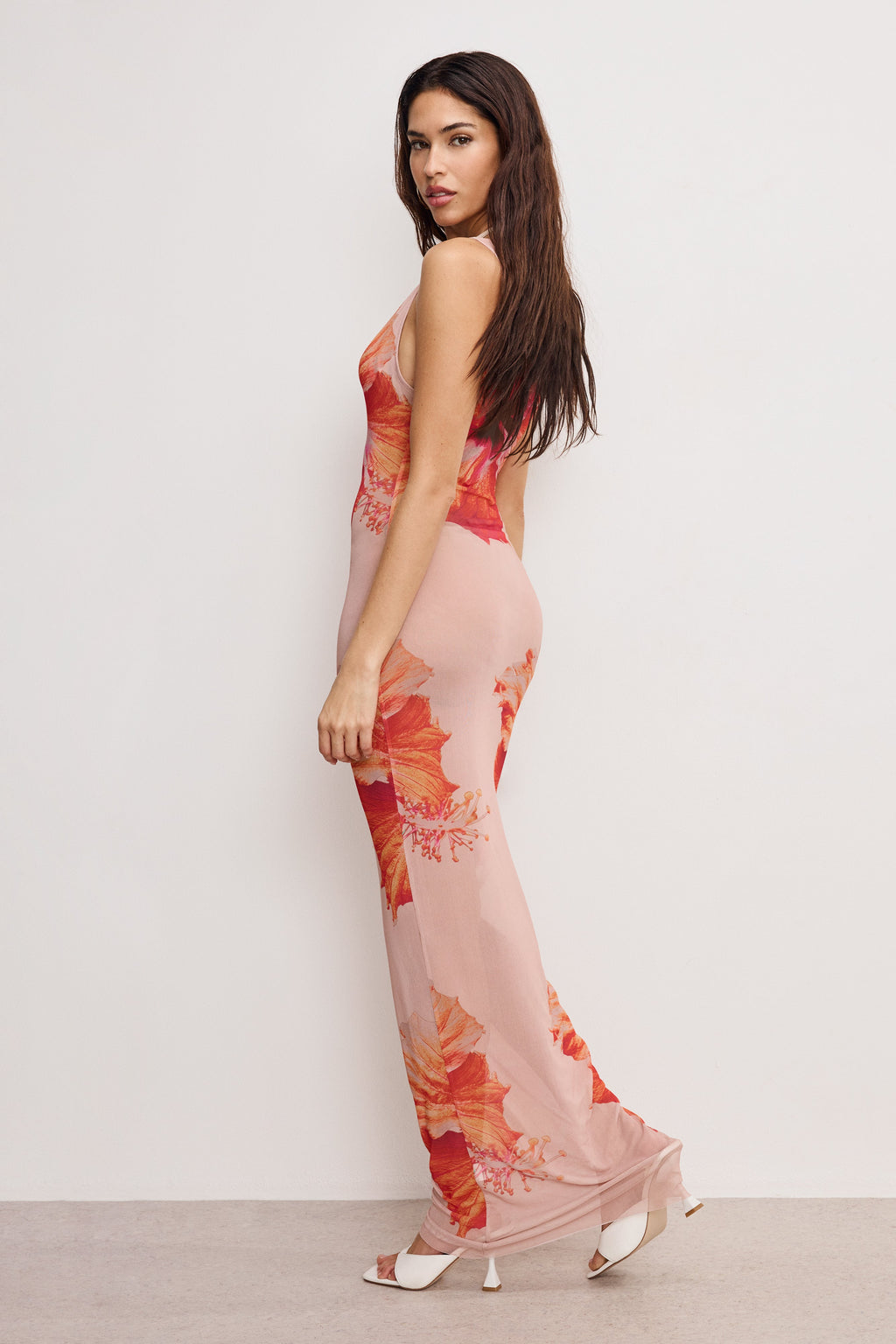 Premium GAUZE MESH MAXI DRESS MAUVE TROPICAL HIBISCUS001