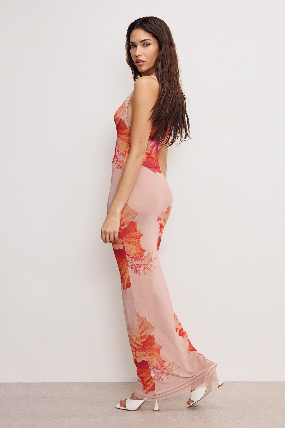 Premium GAUZE MESH MAXI DRESS MAUVE TROPICAL HIBISCUS001