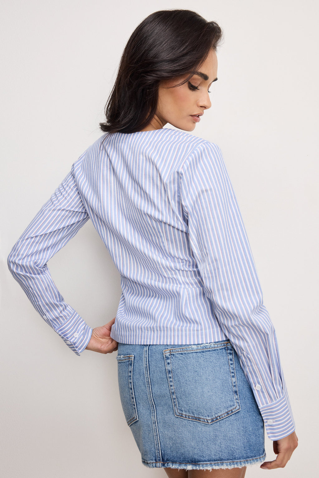 Premium POPLIN RUCHED SHIRT VACAY STRIPE001
