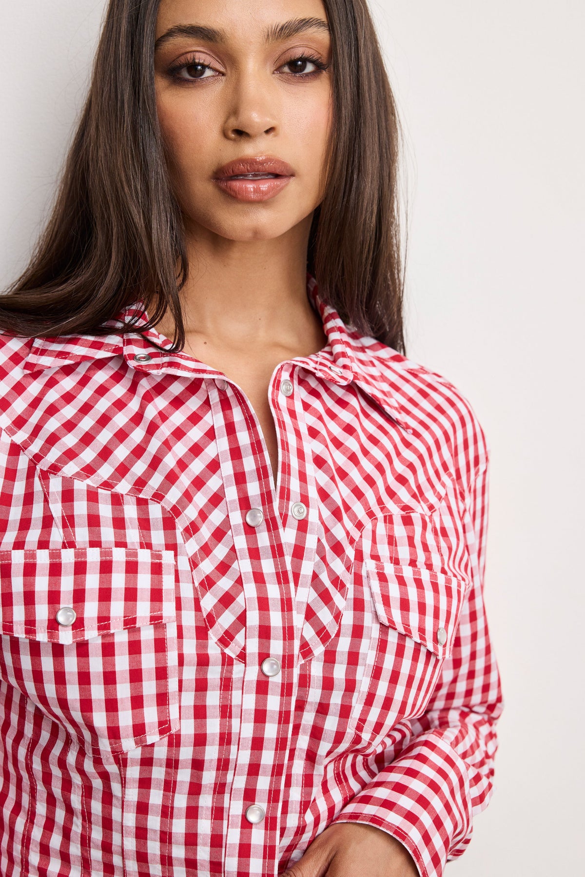 Premium DOLLY COUNTRY CORSET SHIRT CRIMSON AND WHITE GINGHAM