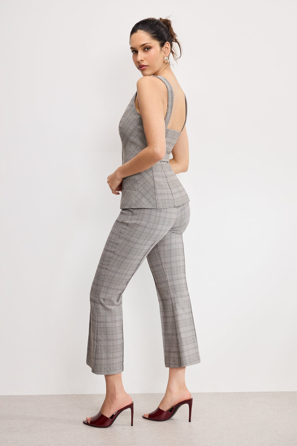 Premium PLAID PULL ON KICK FLARE PANTS GLEN PLAID001
