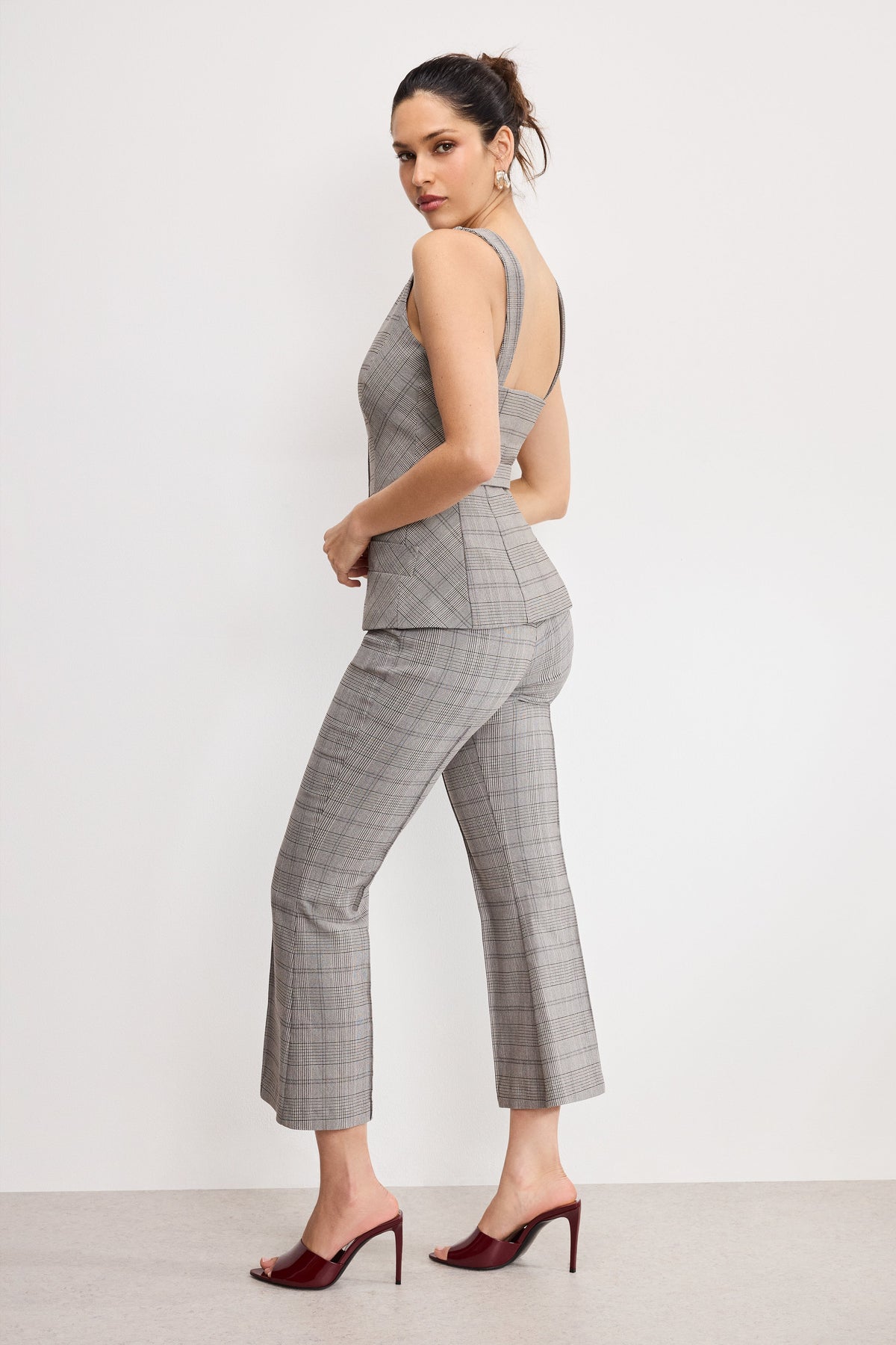 Premium PLAID PULL ON KICK FLARE PANTS GLEN PLAID001