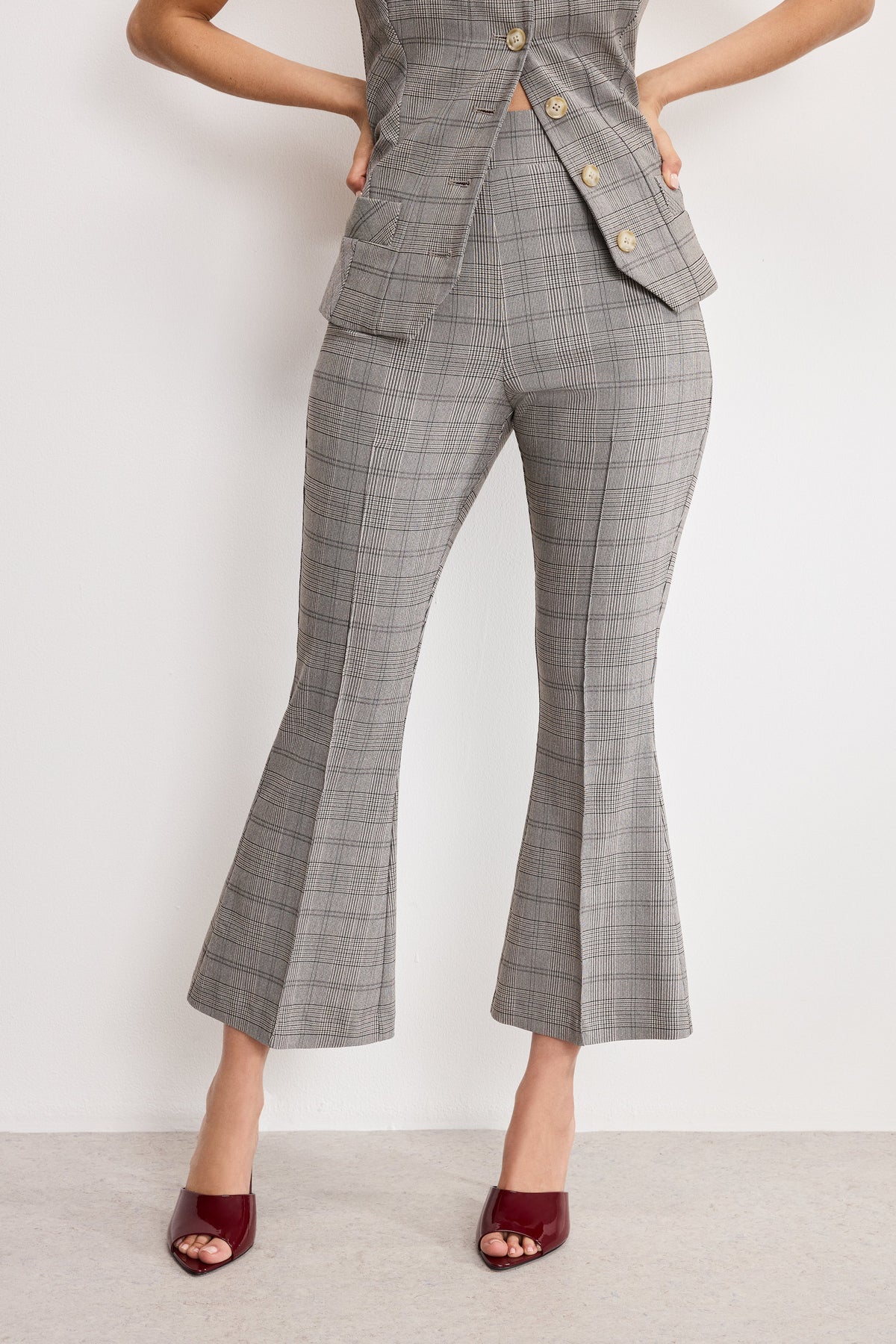 Premium PLAID PULL ON KICK FLARE PANTS GLEN PLAID001