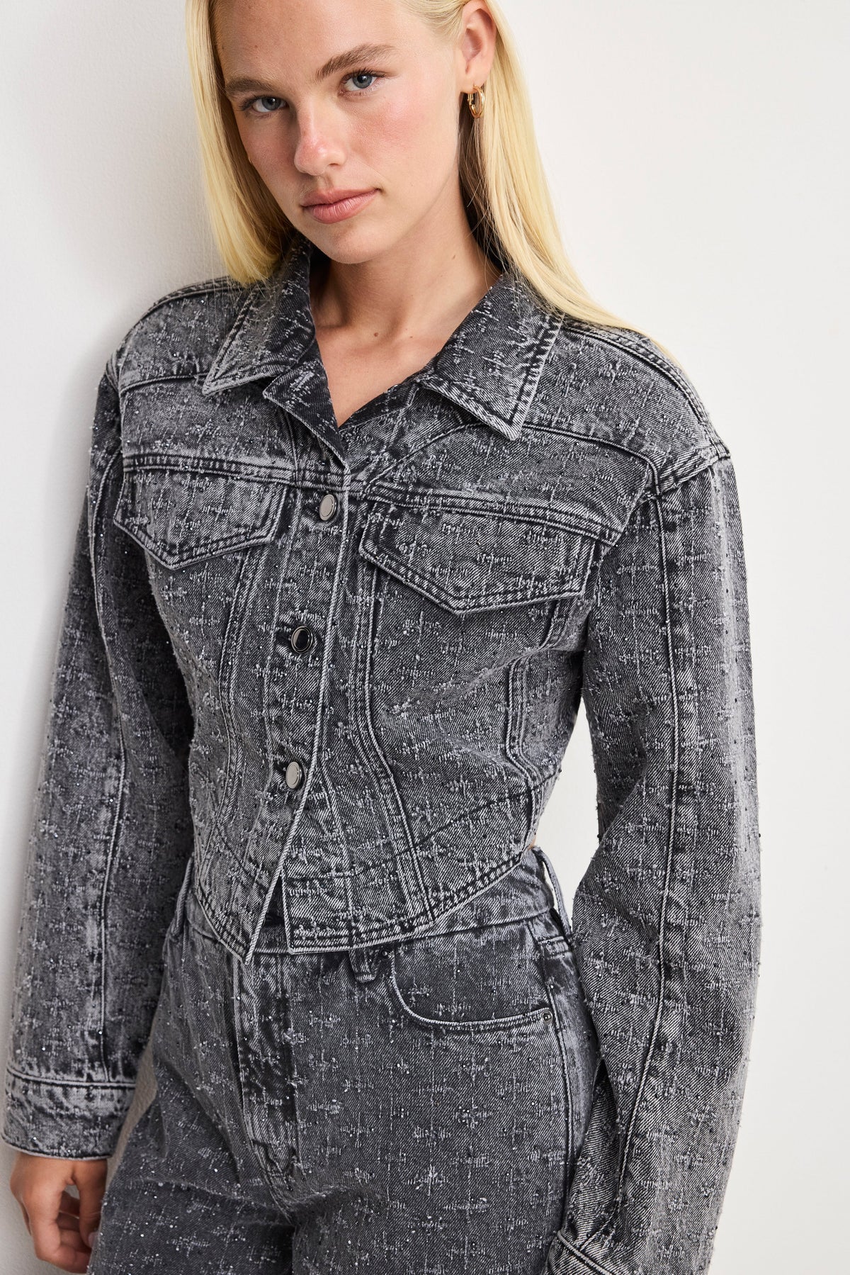 Premium DOLLY CRYSTAL DENIM JACKET BLACK415