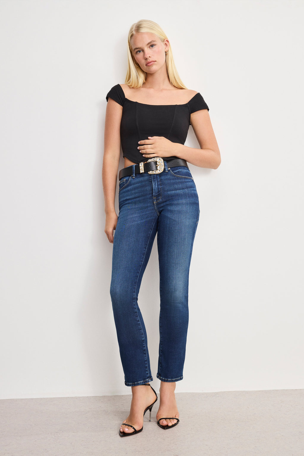 Premium DOLLY CLASSIC CRYSTAL LEATHER BELT BLACK001