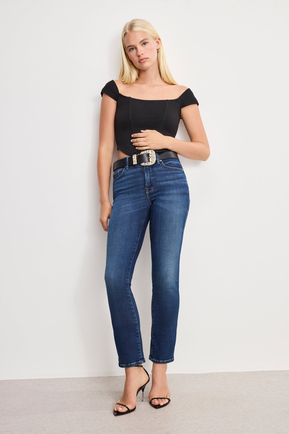 Premium DOLLY CLASSIC CRYSTAL LEATHER BELT BLACK001
