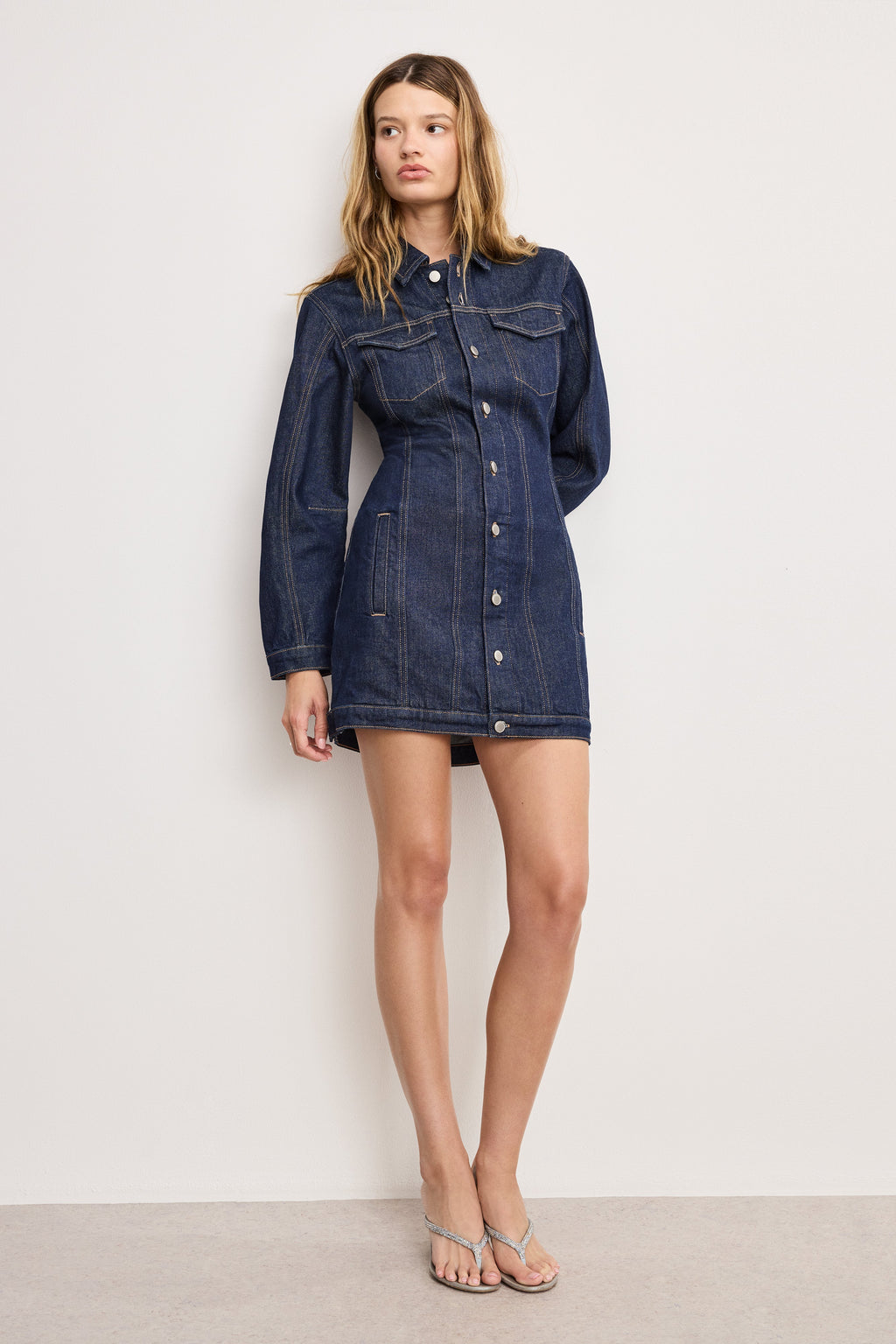 Premium BARREL LONG SLEEVE MINI DRESS INDIGO982