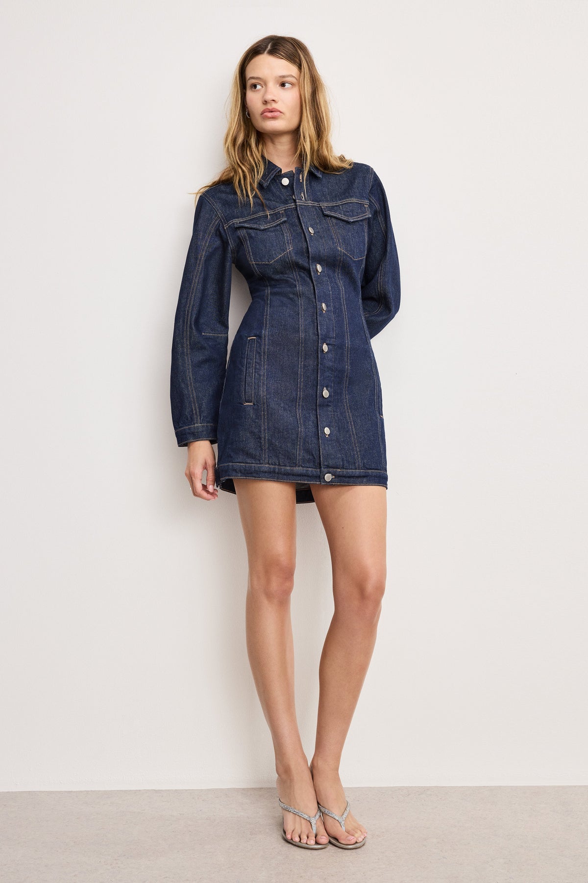 Premium BARREL LONG SLEEVE MINI DRESS INDIGO982