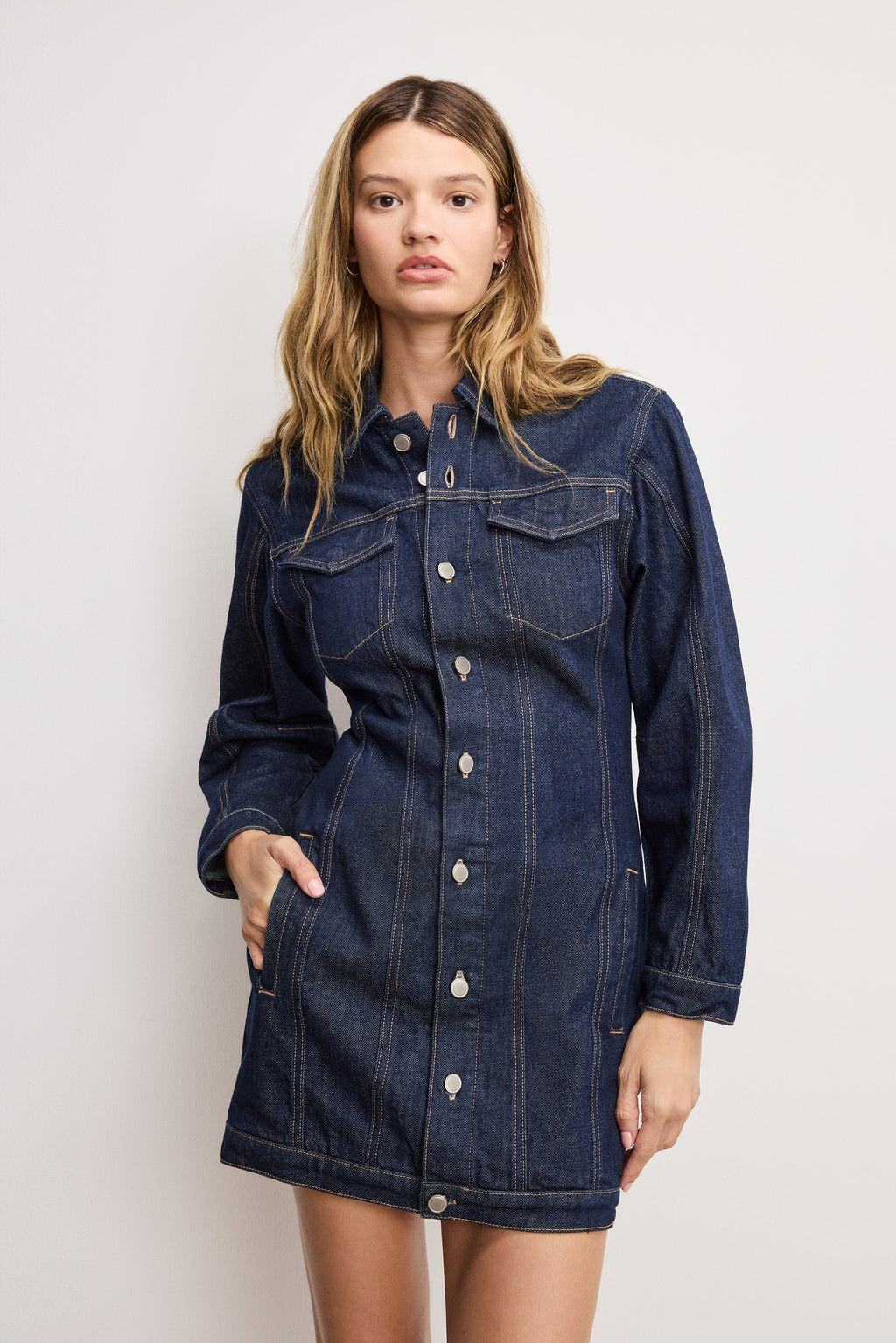 Premium BARREL LONG SLEEVE MINI DRESS INDIGO982