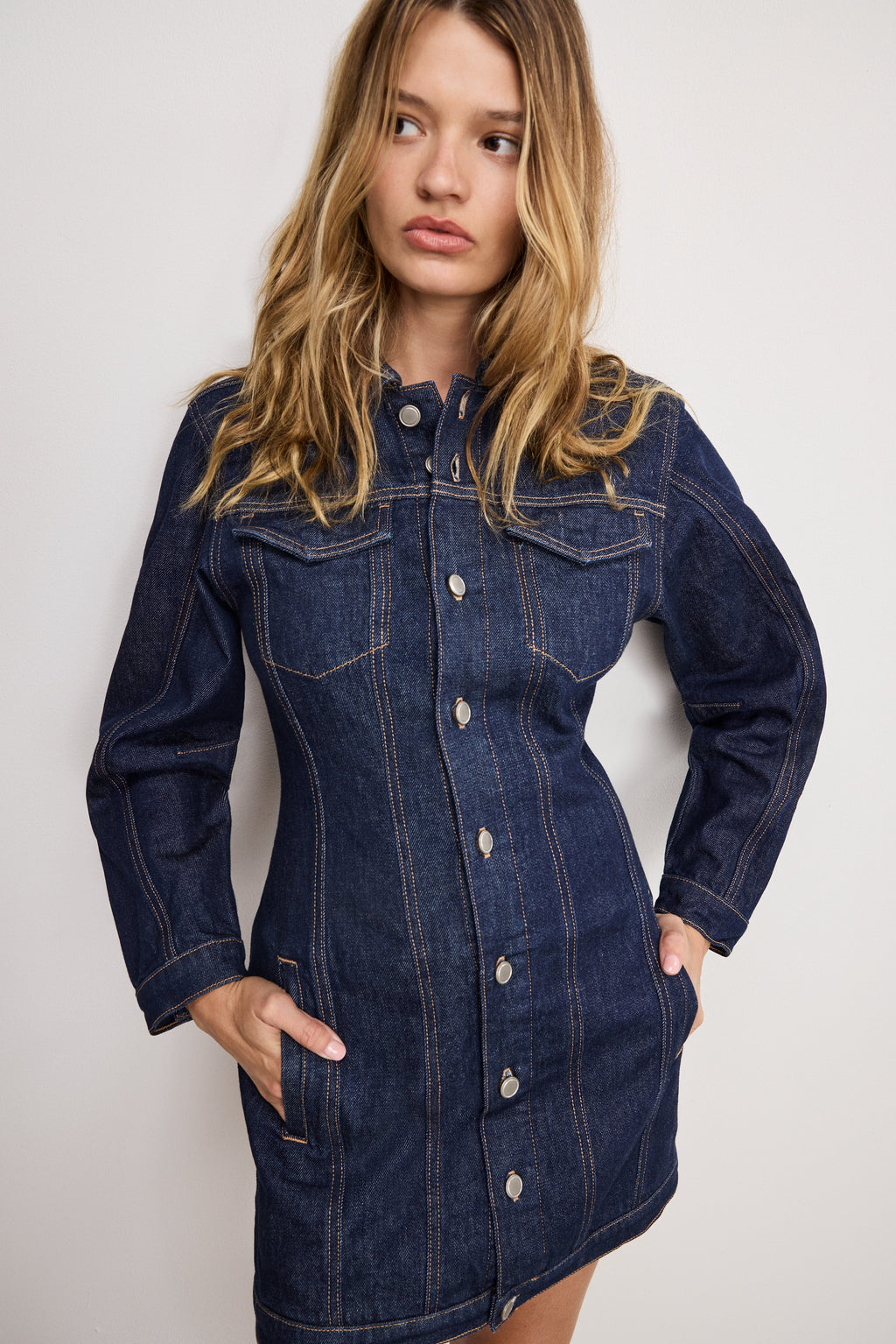 Premium BARREL LONG SLEEVE MINI DRESS INDIGO982