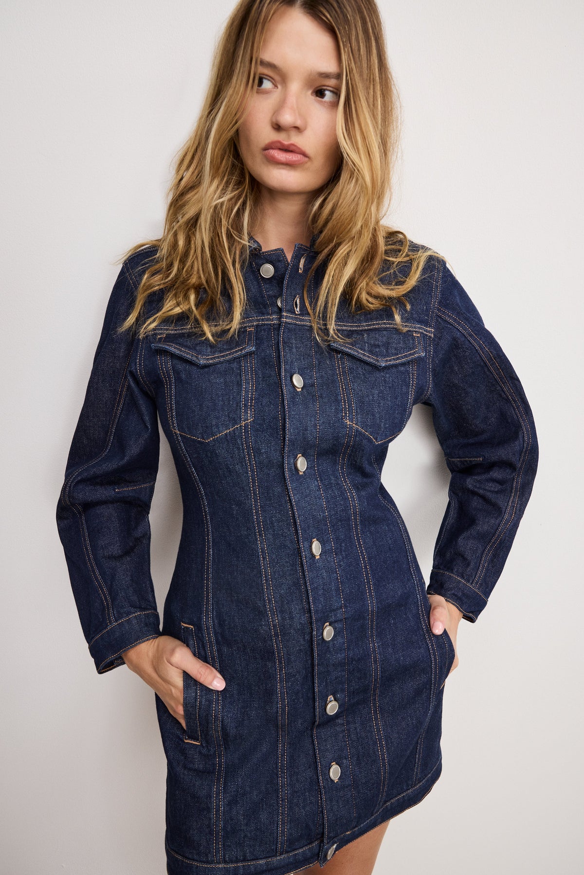 Premium BARREL LONG SLEEVE MINI DRESS INDIGO982