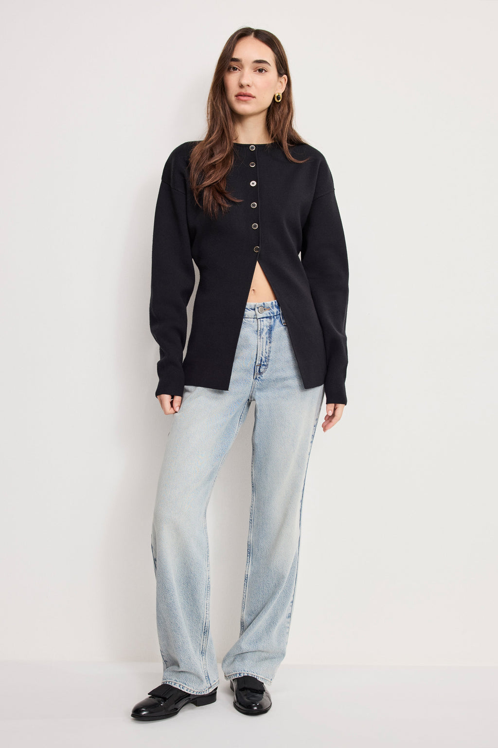 Premium EXAGGERATED SLEEVE CARDIGAN SWEATER BLACK001