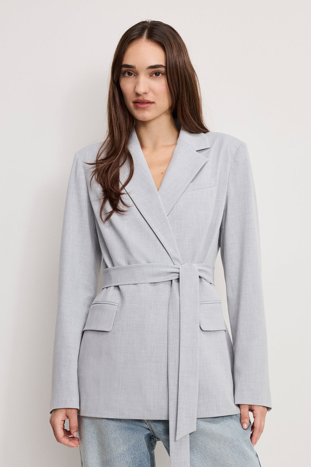 Premium ESSENTIAL SUITING BELTED BLAZER CROSSHATCH GREY