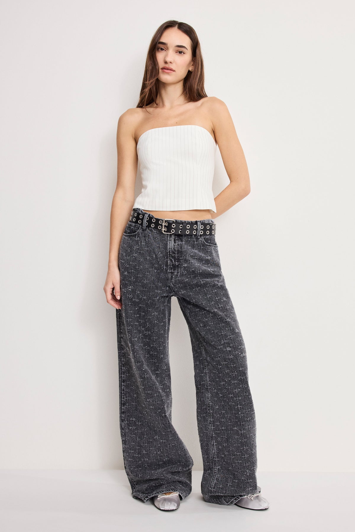 Premium ESSENTIAL SUITING STRAPLESS TOP CHESTNUT PIN STRIPE