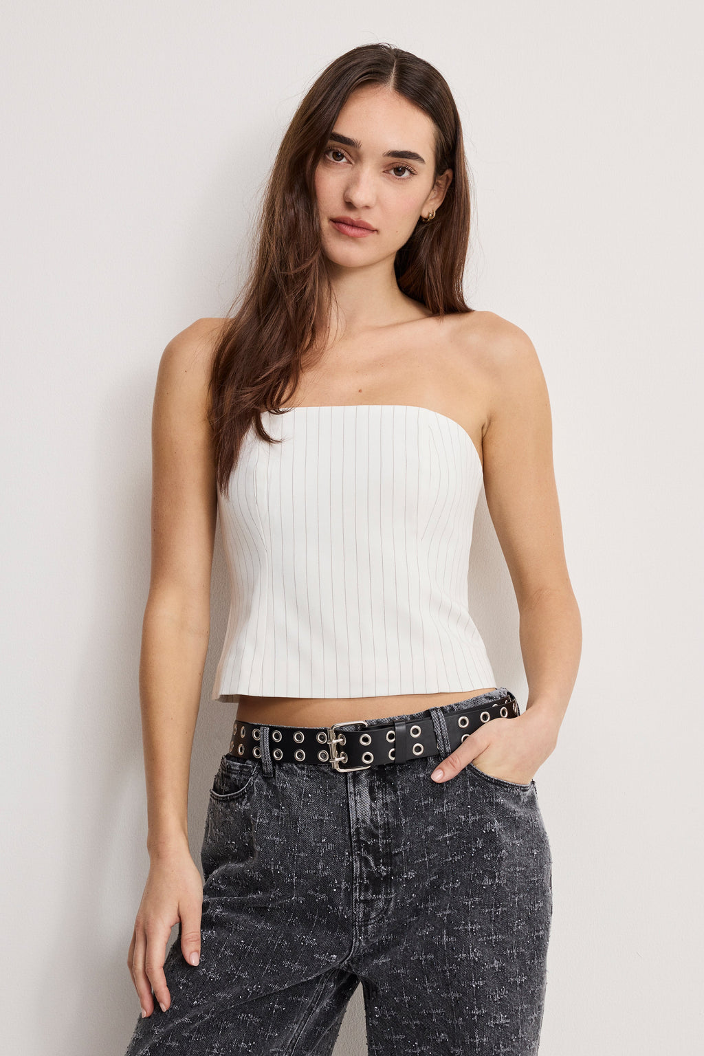Premium ESSENTIAL SUITING STRAPLESS TOP CHESTNUT PIN STRIPE