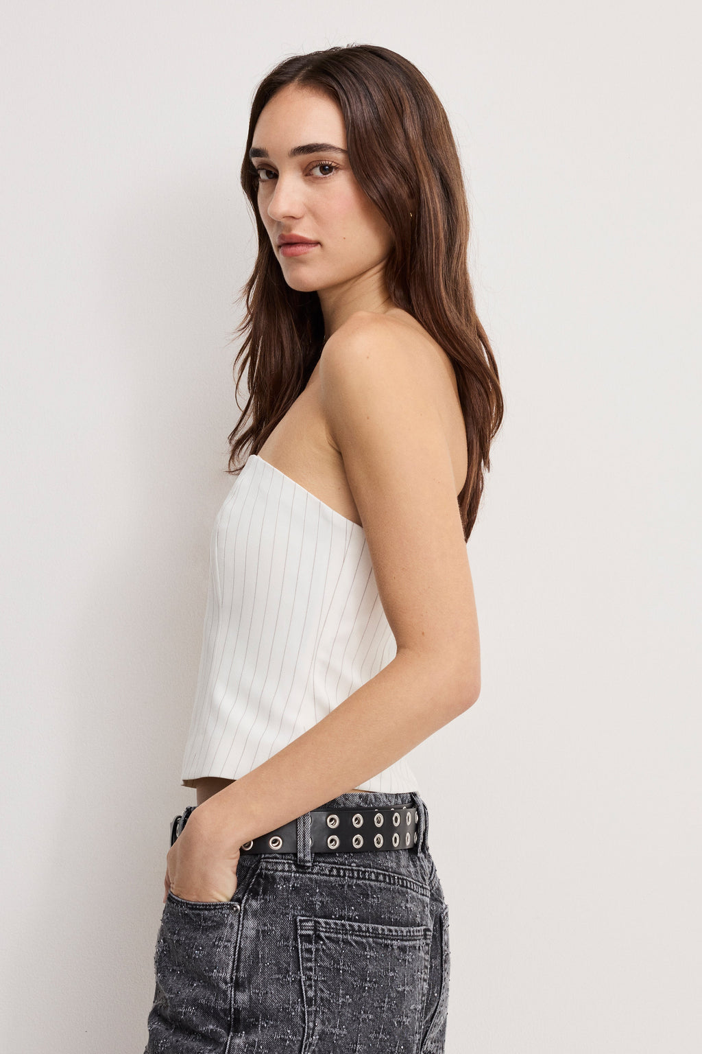 Premium ESSENTIAL SUITING STRAPLESS TOP CHESTNUT PIN STRIPE