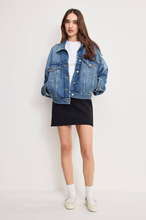 Premium CROPPED PLEATED TRUCKER JACKET INDIGO1100