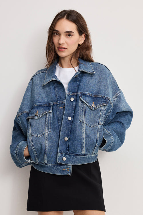 Premium CROPPED PLEATED TRUCKER JACKET INDIGO1100