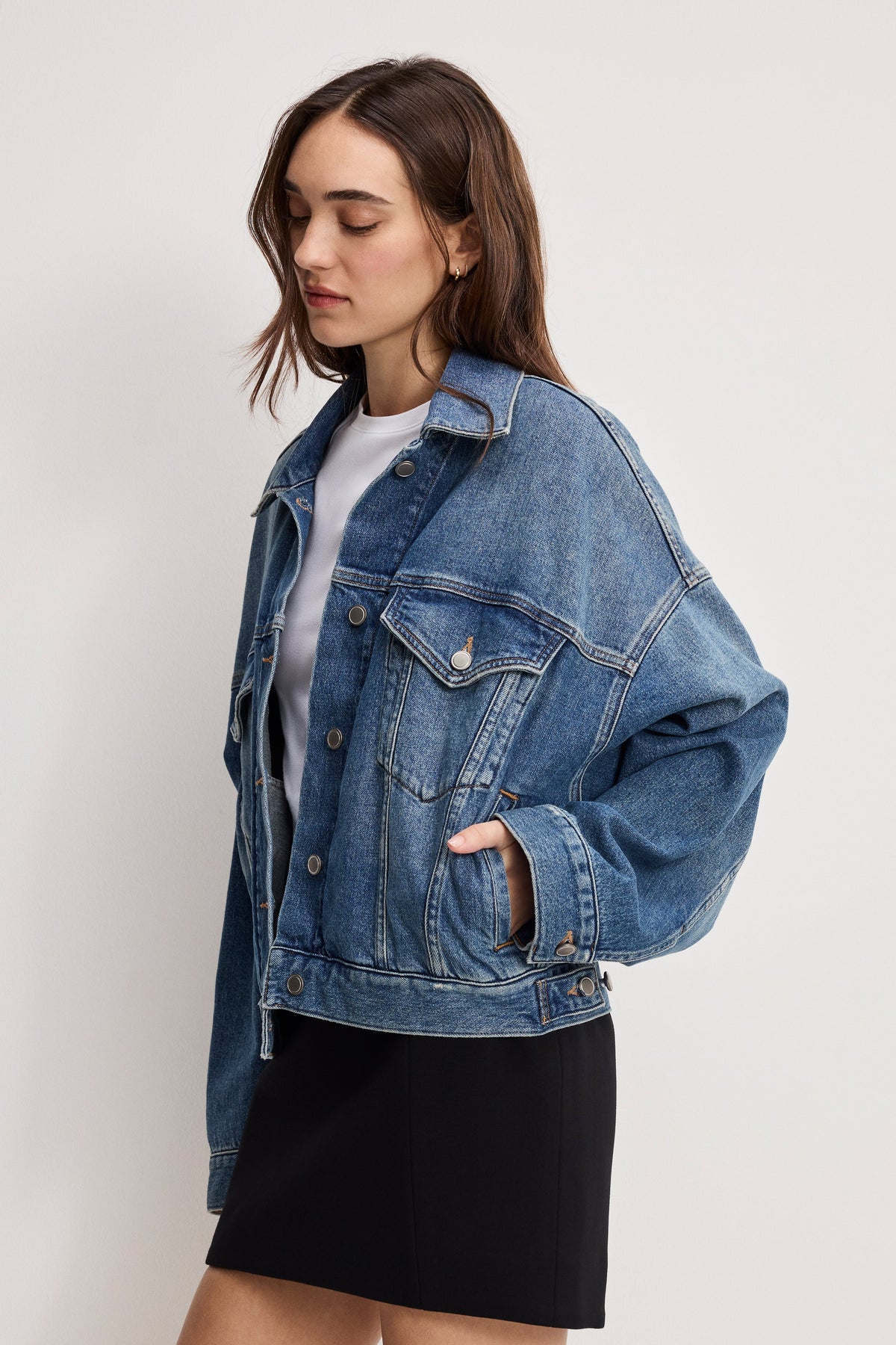 Premium CROPPED PLEATED TRUCKER JACKET INDIGO1100