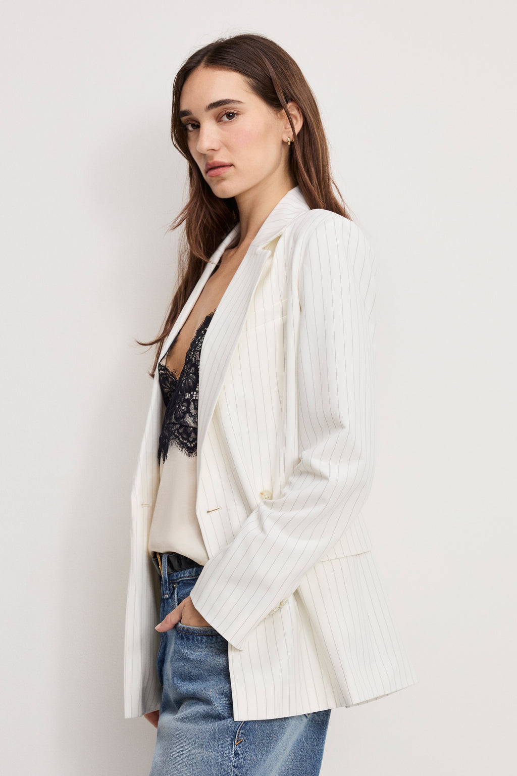 Premium ESSENTIAL SUITING BELTED BLAZER CHESTNUT PIN STRIPE