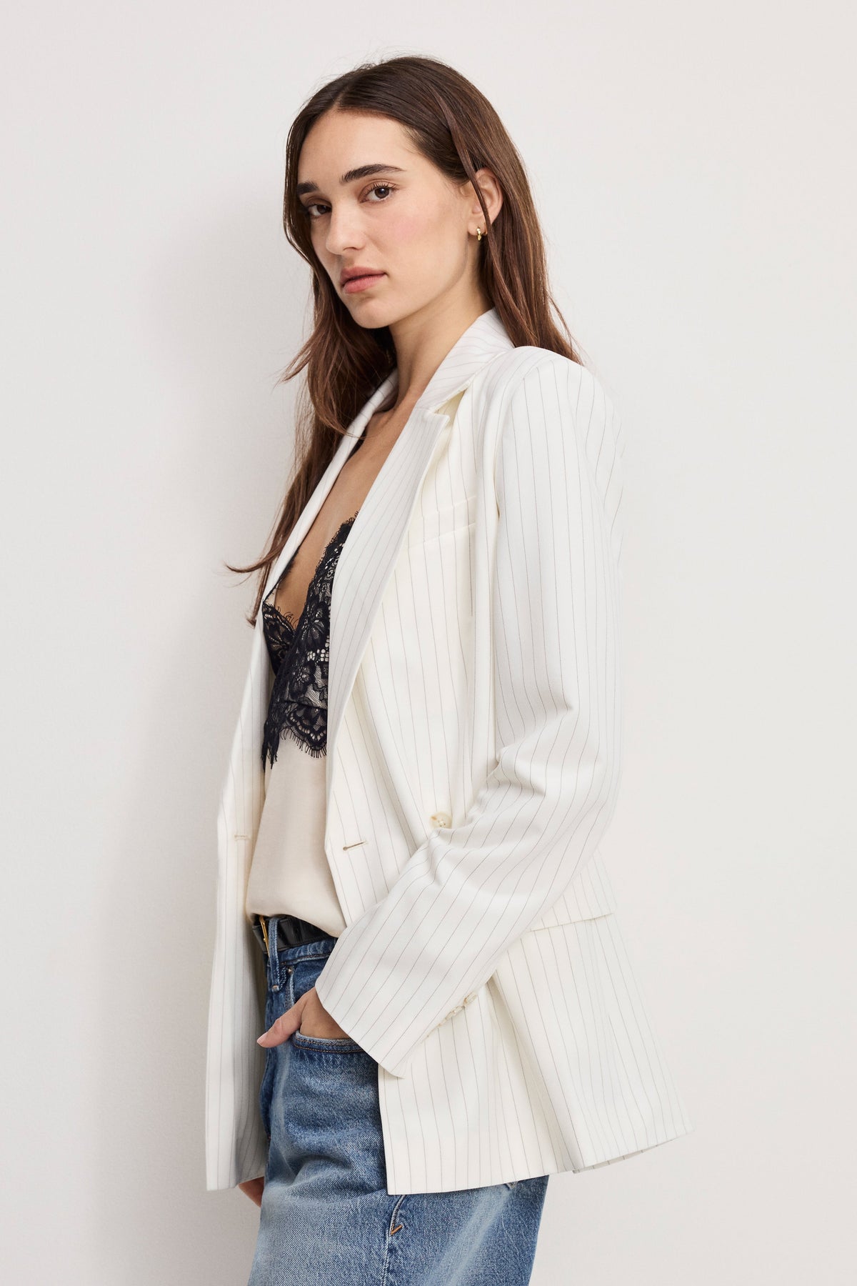 Premium ESSENTIAL SUITING BELTED BLAZER CHESTNUT PIN STRIPE