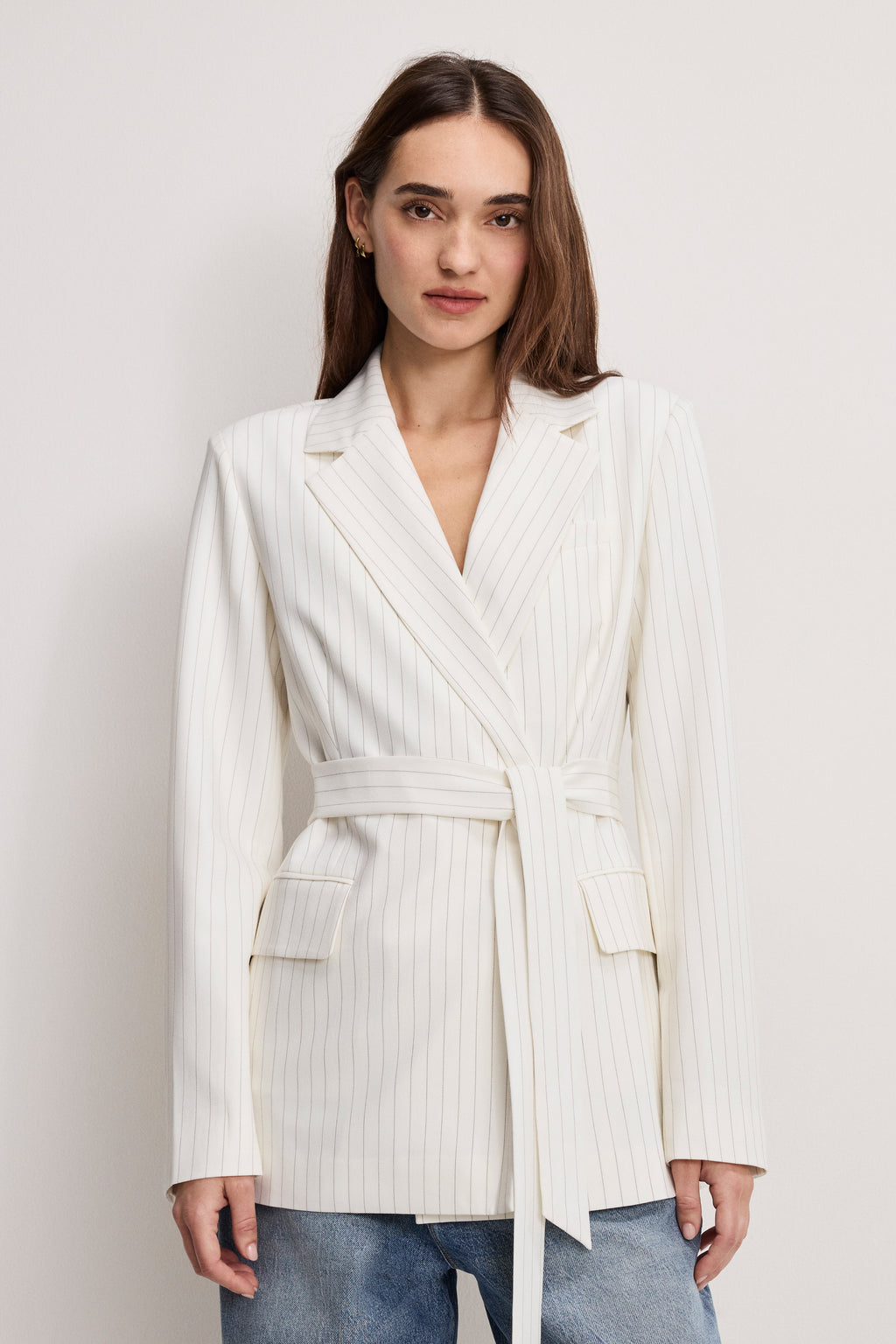 Premium ESSENTIAL SUITING BELTED BLAZER CHESTNUT PIN STRIPE