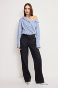 Premium OFF-SHOULDER POPLIN BODYSUIT INDIGO STRIPE