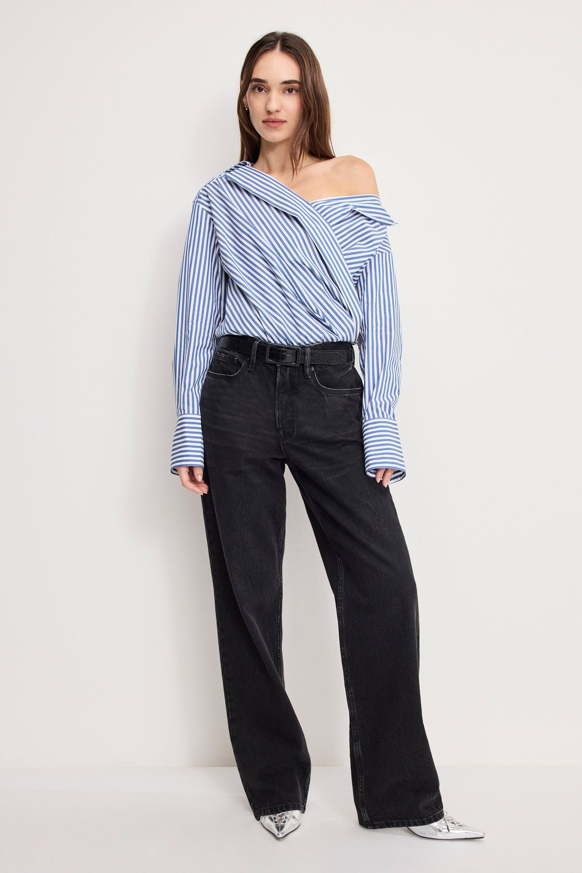 Premium OFF-SHOULDER POPLIN BODYSUIT INDIGO STRIPE
