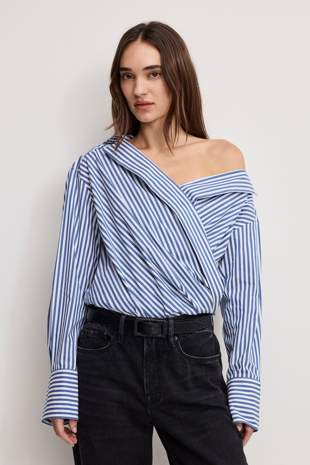 Premium OFF-SHOULDER POPLIN BODYSUIT INDIGO STRIPE