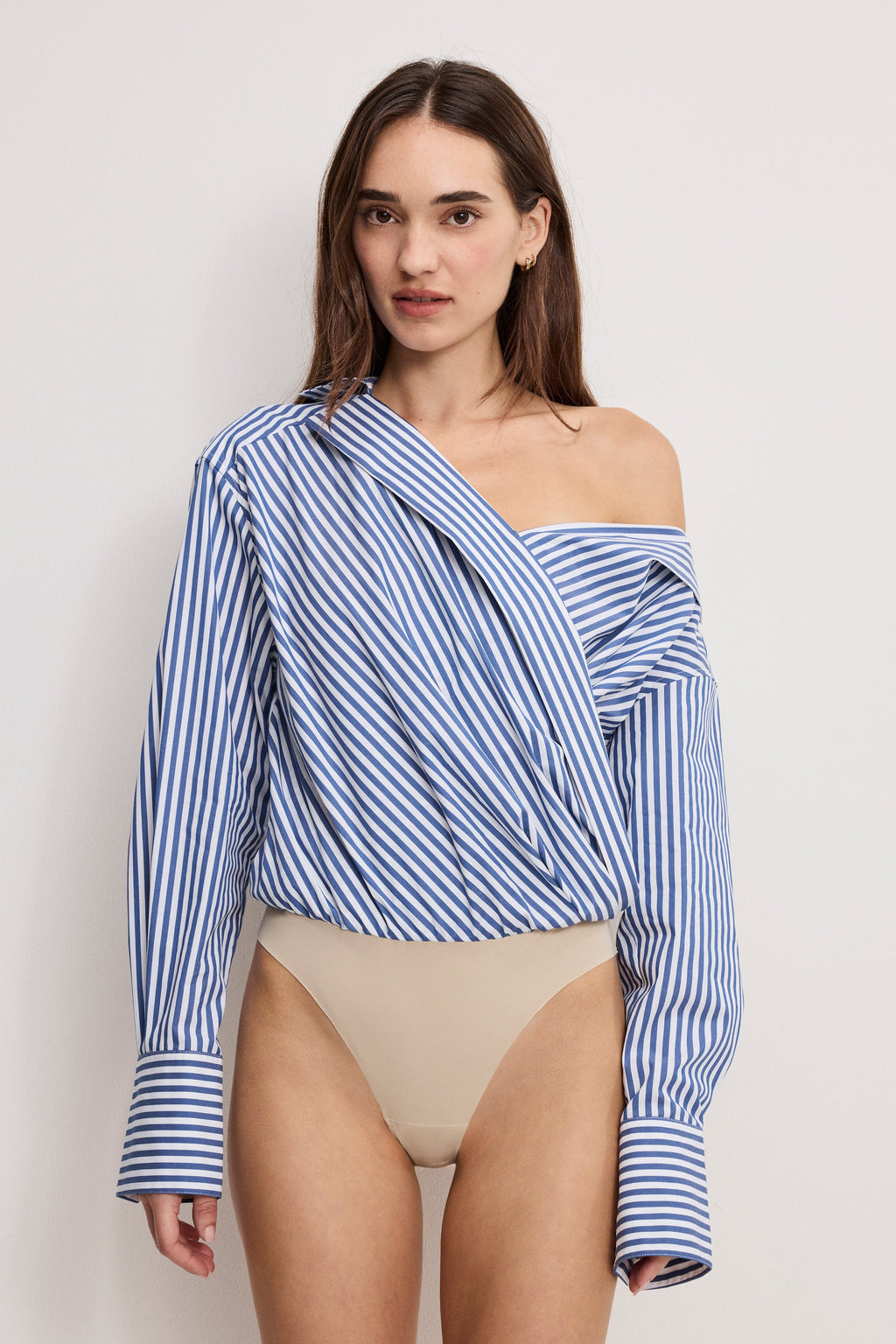 Premium OFF-SHOULDER POPLIN BODYSUIT INDIGO STRIPE