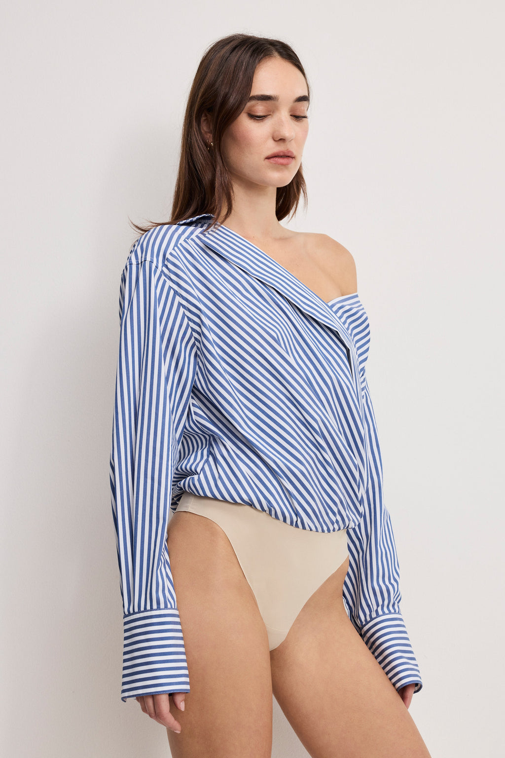 Premium OFF-SHOULDER POPLIN BODYSUIT INDIGO STRIPE