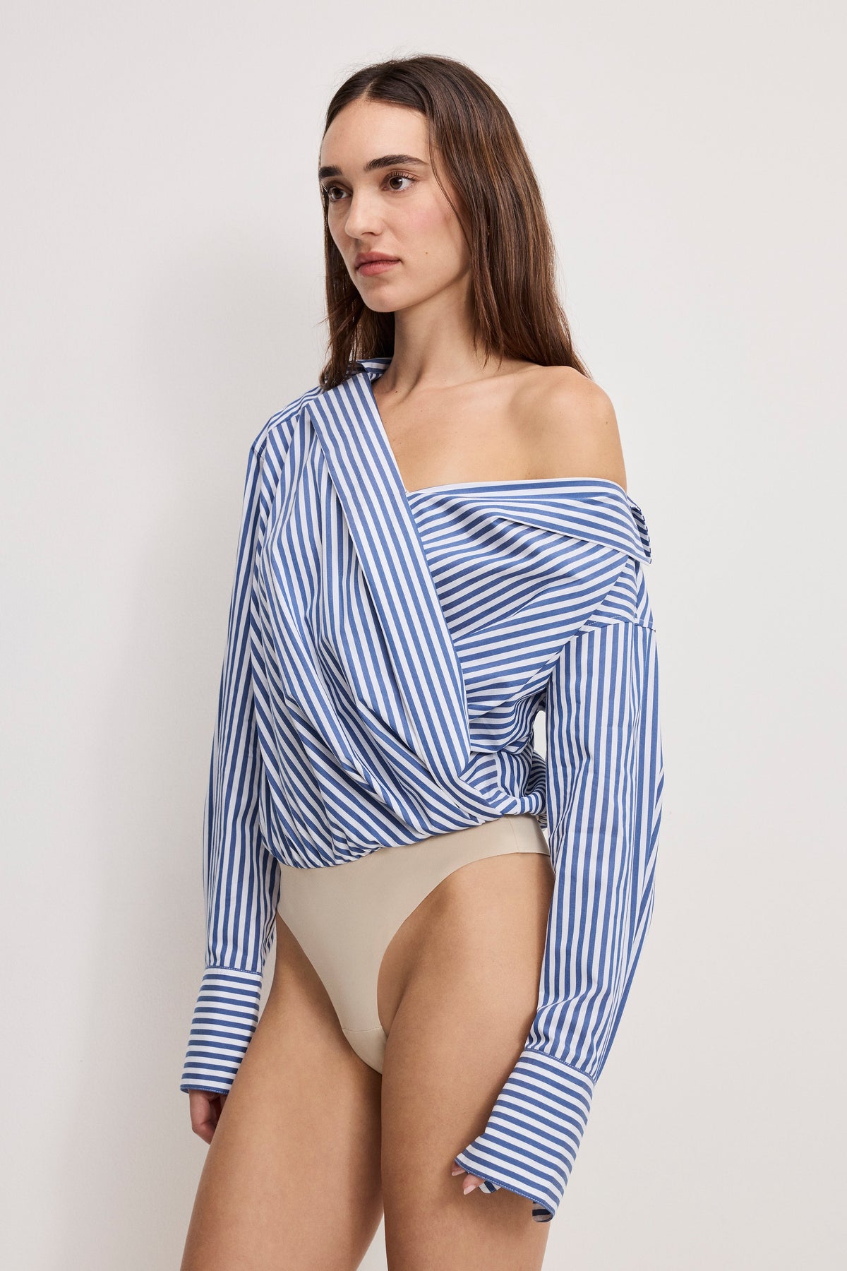 Premium OFF-SHOULDER POPLIN BODYSUIT INDIGO STRIPE