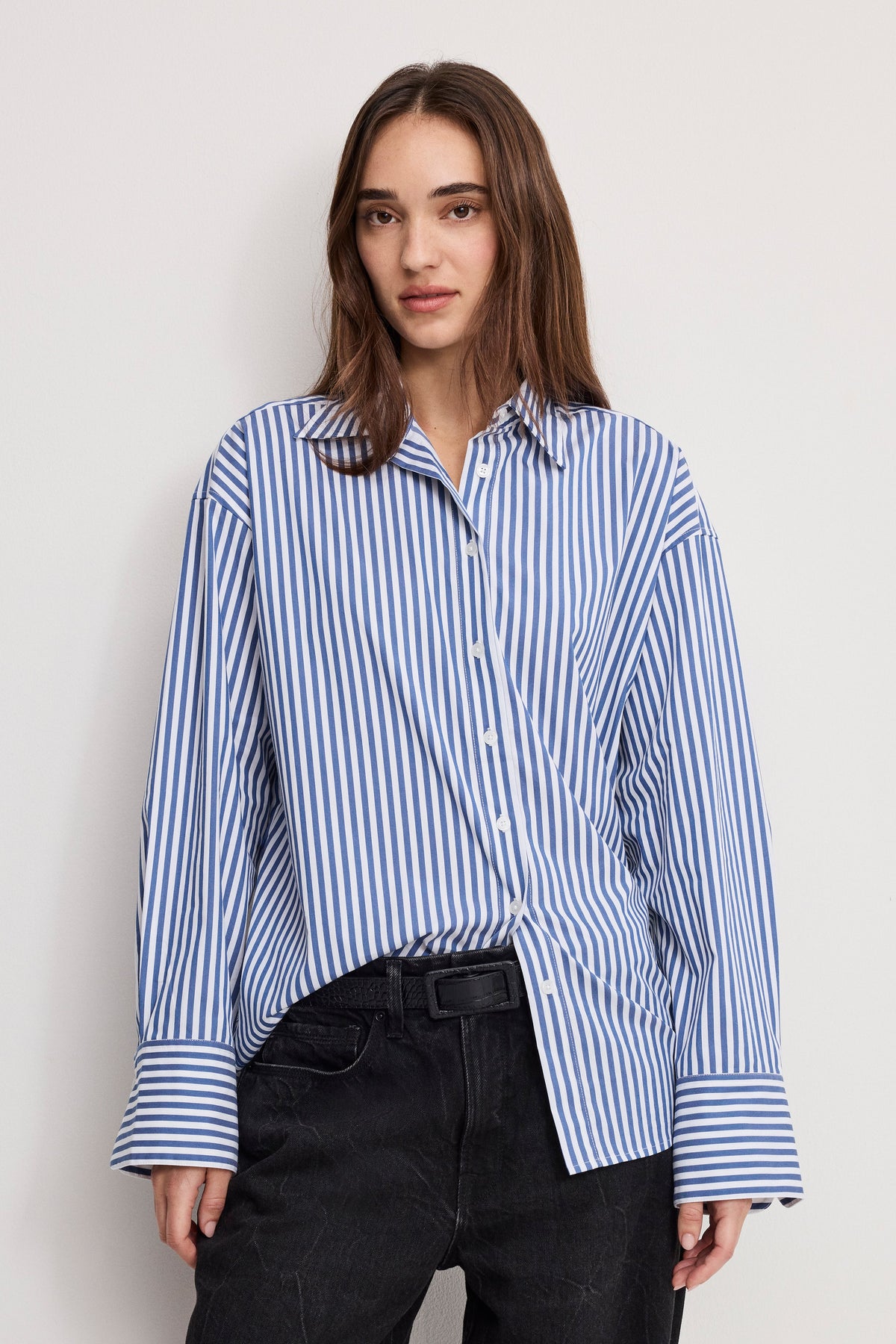 Premium POPLIN OVERSIZED SHIRT W BUTTON ADJUSTABLE WAIST INDIGO STRIPE