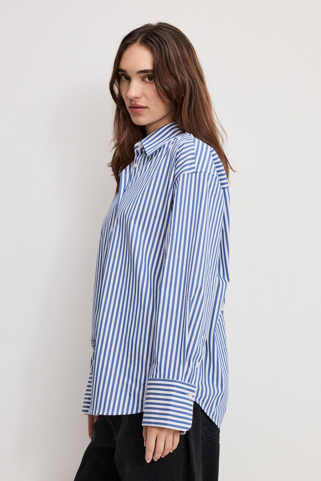 Premium POPLIN OVERSIZED SHIRT W BUTTON ADJUSTABLE WAIST INDIGO STRIPE