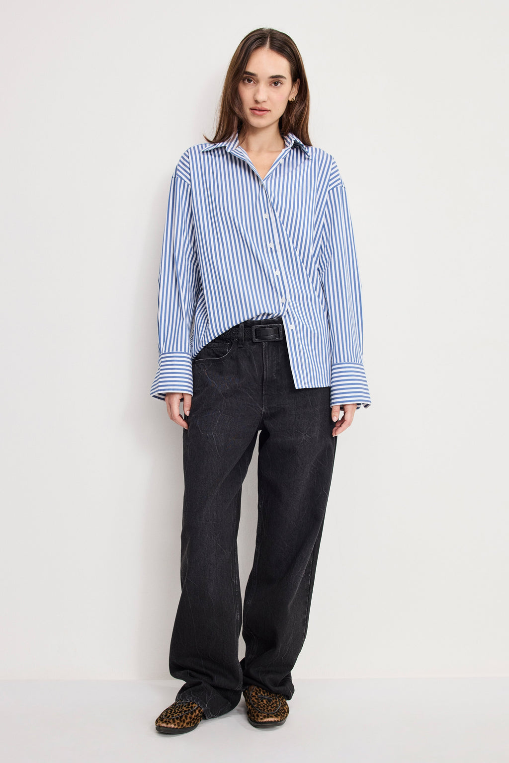 Premium POPLIN OVERSIZED SHIRT W BUTTON ADJUSTABLE WAIST INDIGO STRIPE