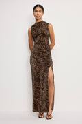 Premium VELVET HIGH NECK MAXI DRESS MINI LUCKY LEOPARD