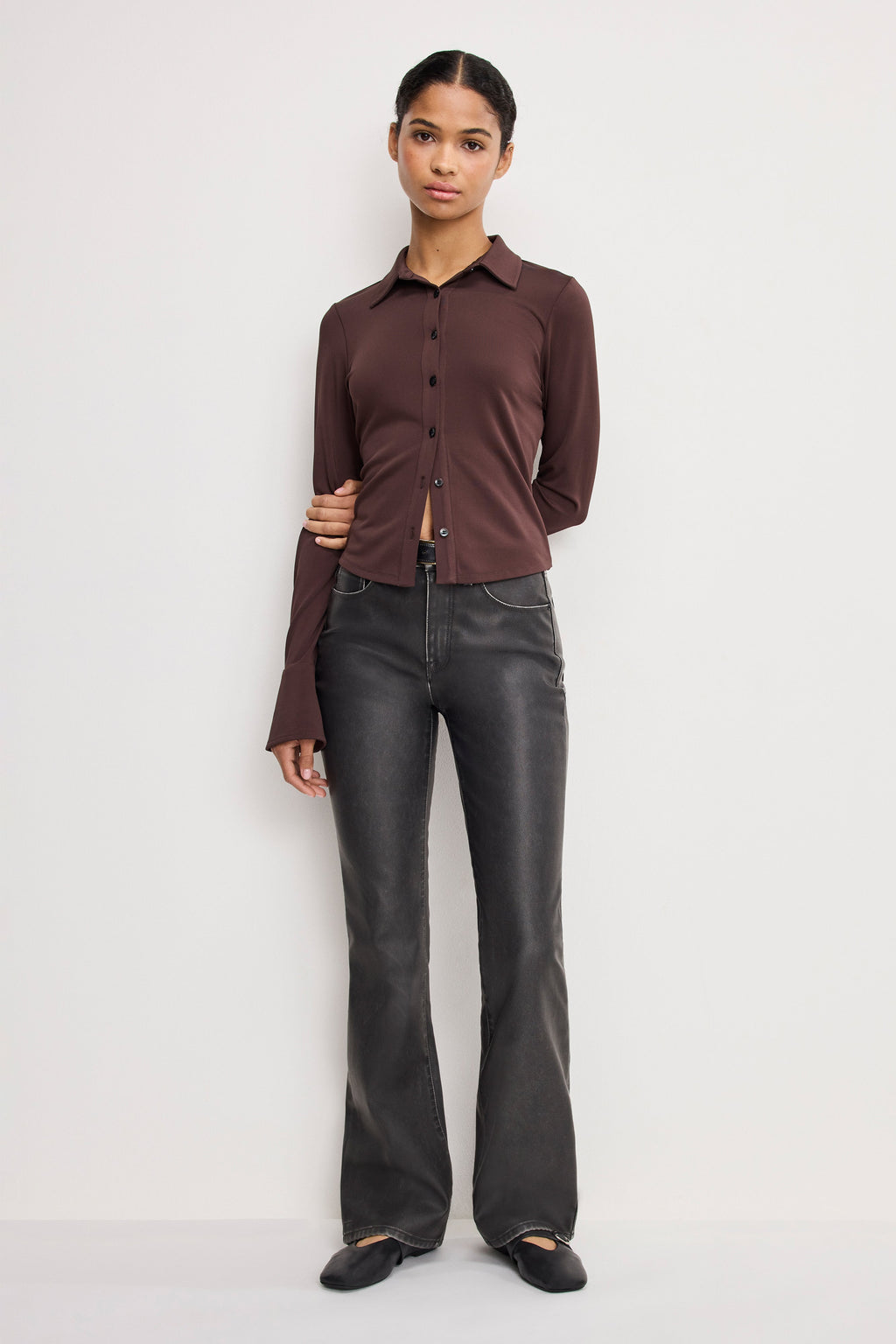 Premium GOOD CLASSIC BOOTCUT FAUX LEATHER PANTS BLACK001