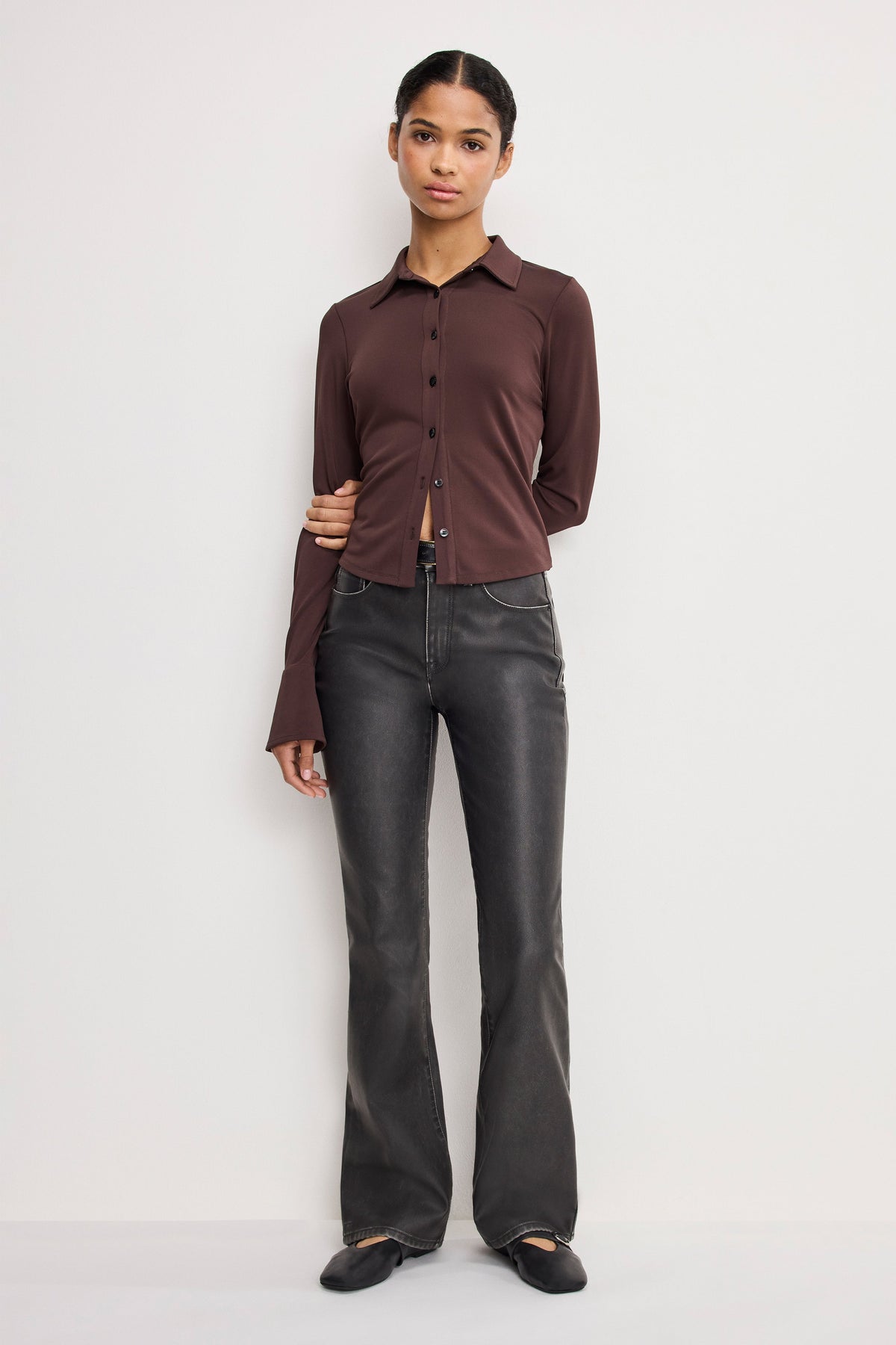 Premium GOOD CLASSIC BOOTCUT FAUX LEATHER PANTS BLACK001
