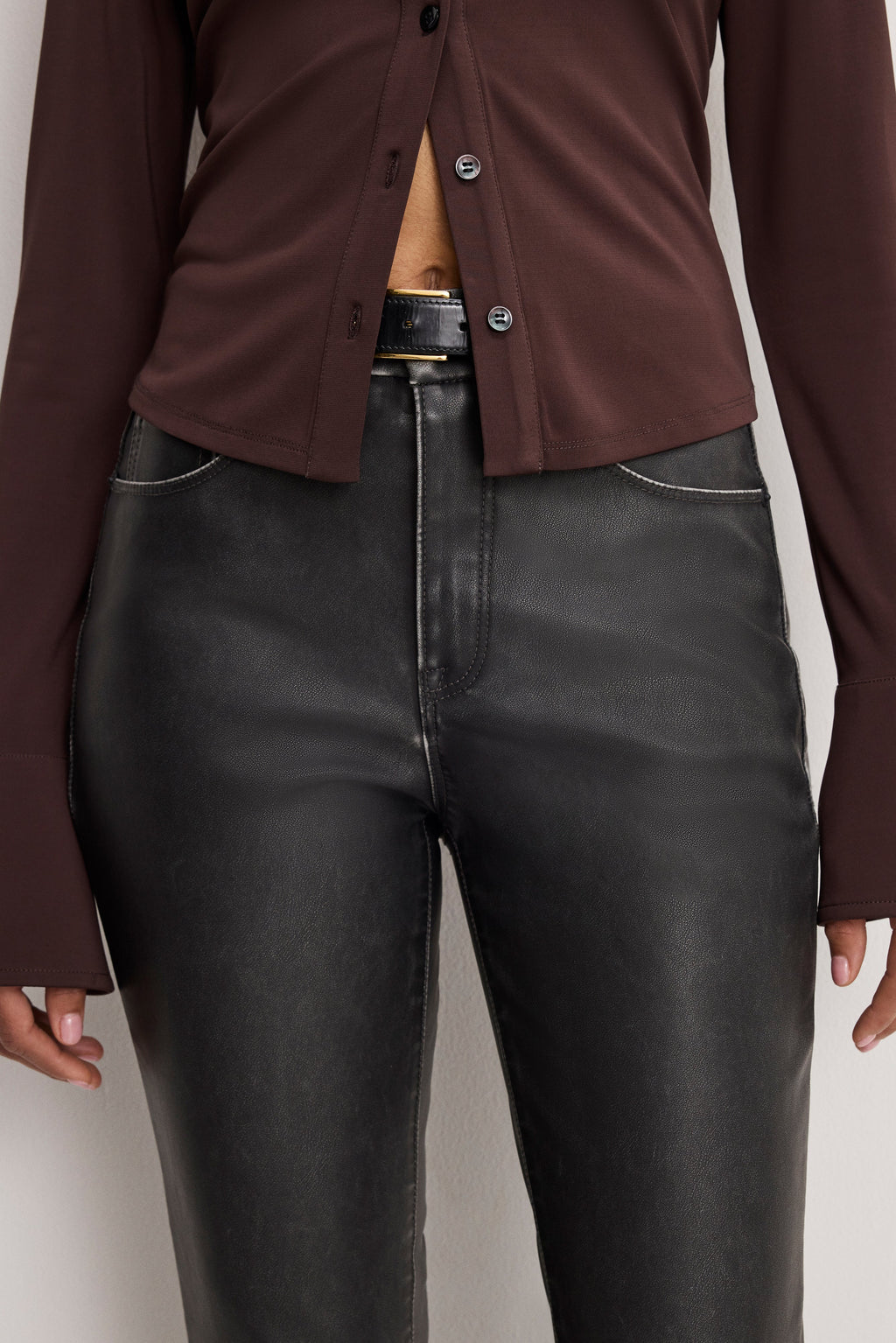 Premium GOOD CLASSIC BOOTCUT FAUX LEATHER PANTS BLACK001