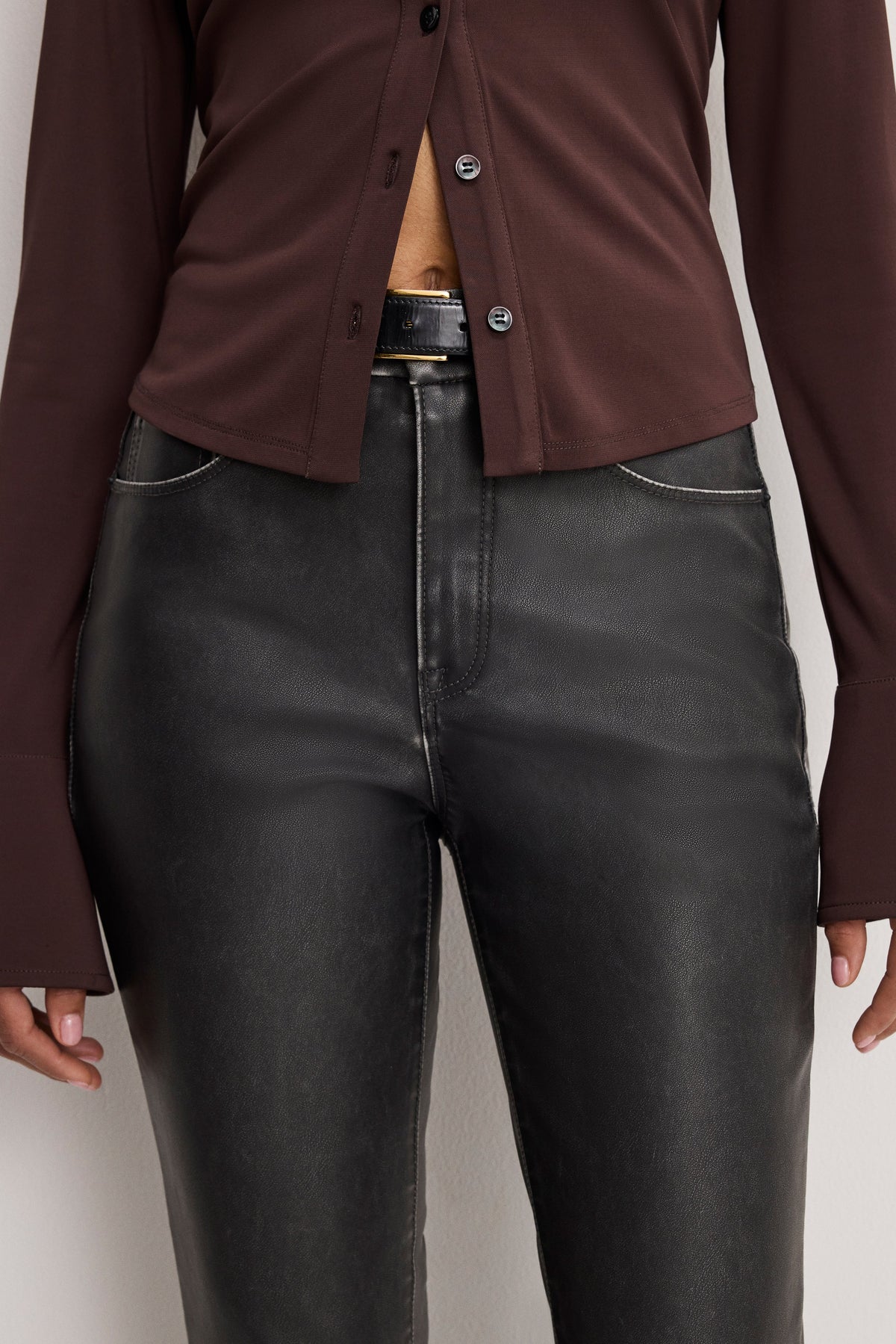 Premium GOOD CLASSIC BOOTCUT FAUX LEATHER PANTS BLACK001