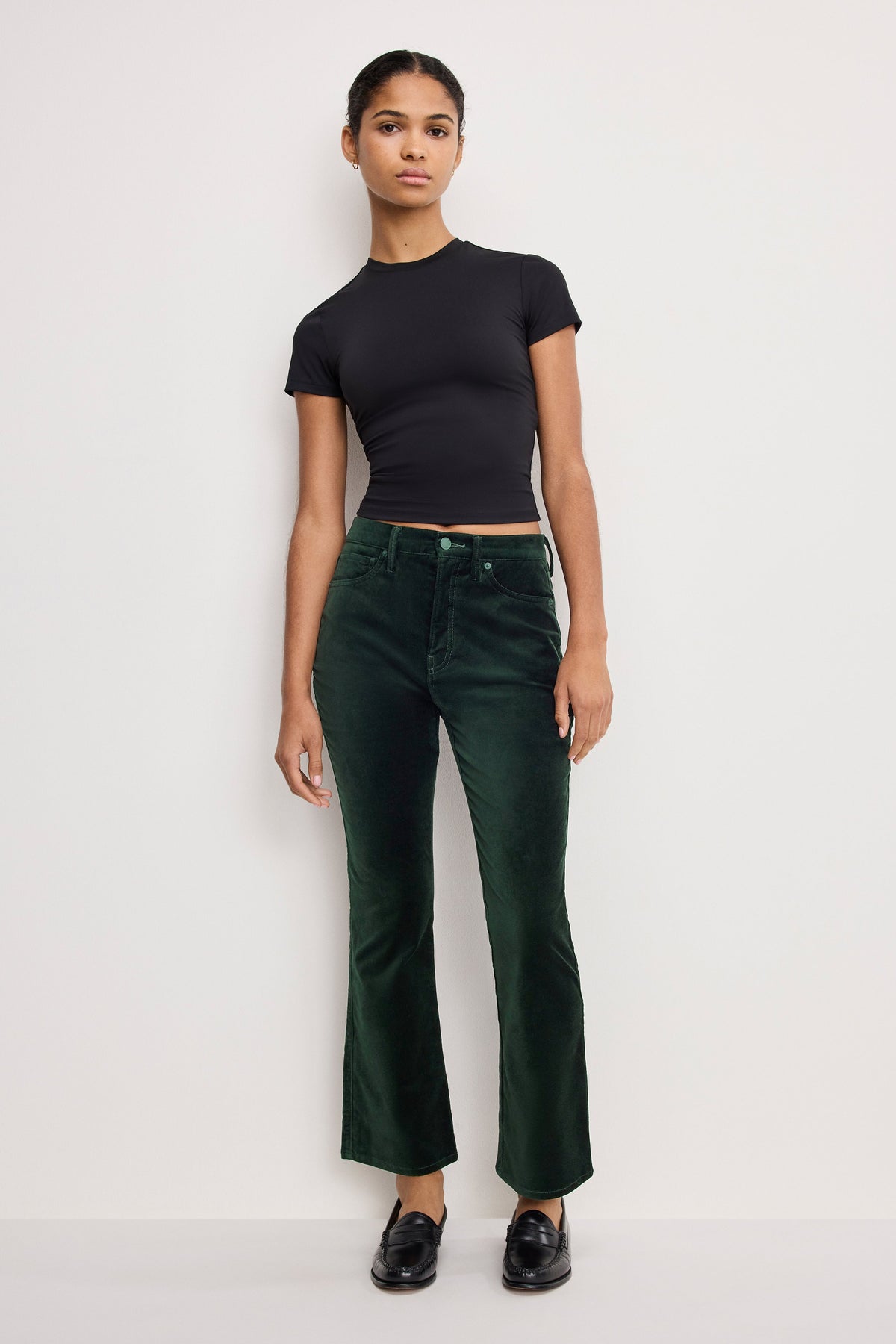 Premium VELVET GOOD HIGH RISE KICK FLARE PANTS PINE GREEN003
