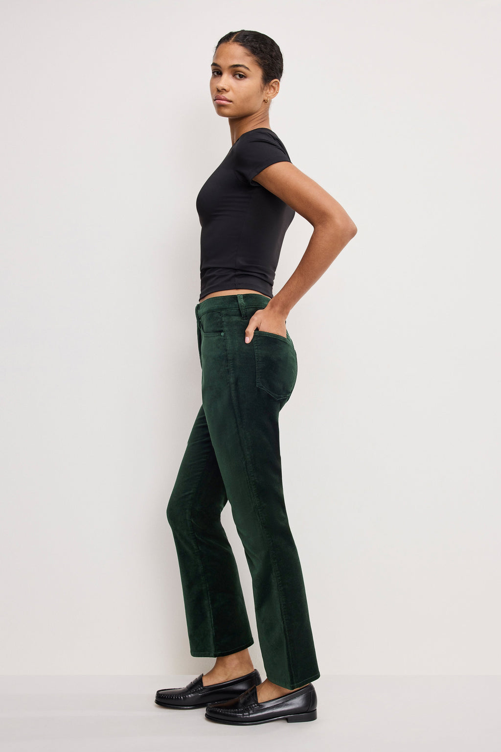 Premium VELVET GOOD HIGH RISE KICK FLARE PANTS PINE GREEN003