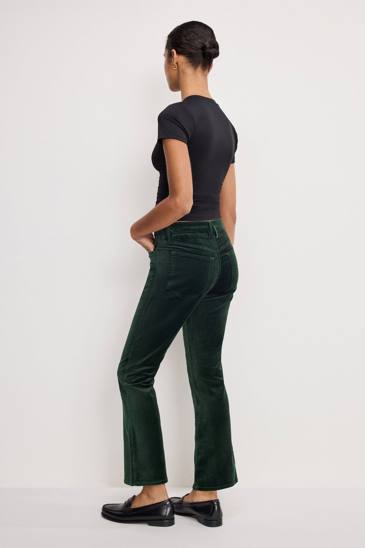 Premium VELVET GOOD HIGH RISE KICK FLARE PANTS PINE GREEN003