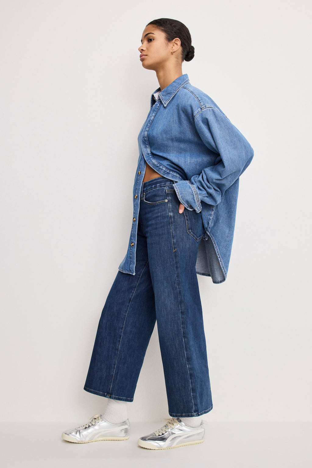 Premium SOFT TECH GOOD WAIST PALAZZO CROPPED JEANS INDIGO977